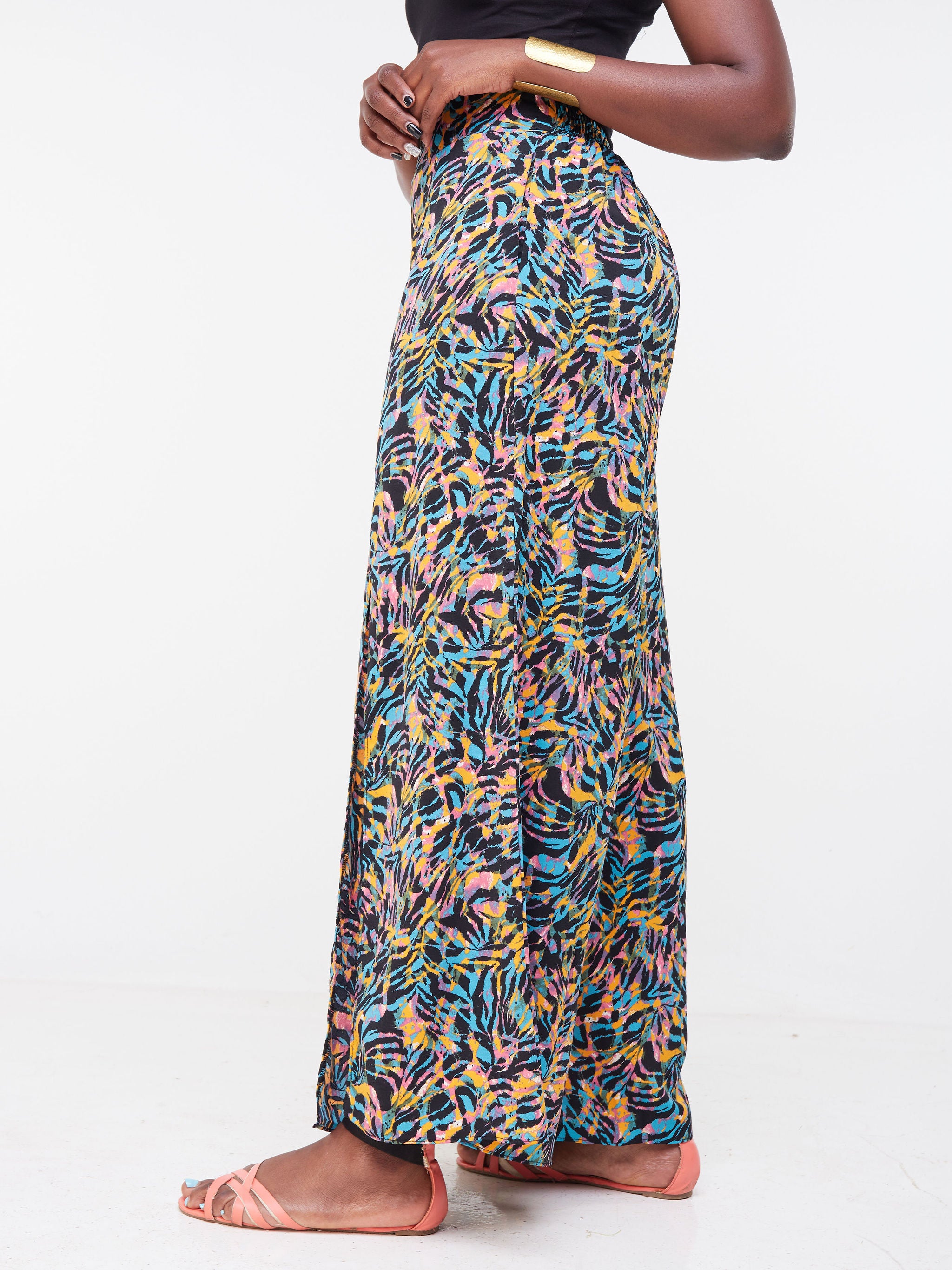 Vivo Malindi Front Slit Pants - Black / Teal Abstract Print