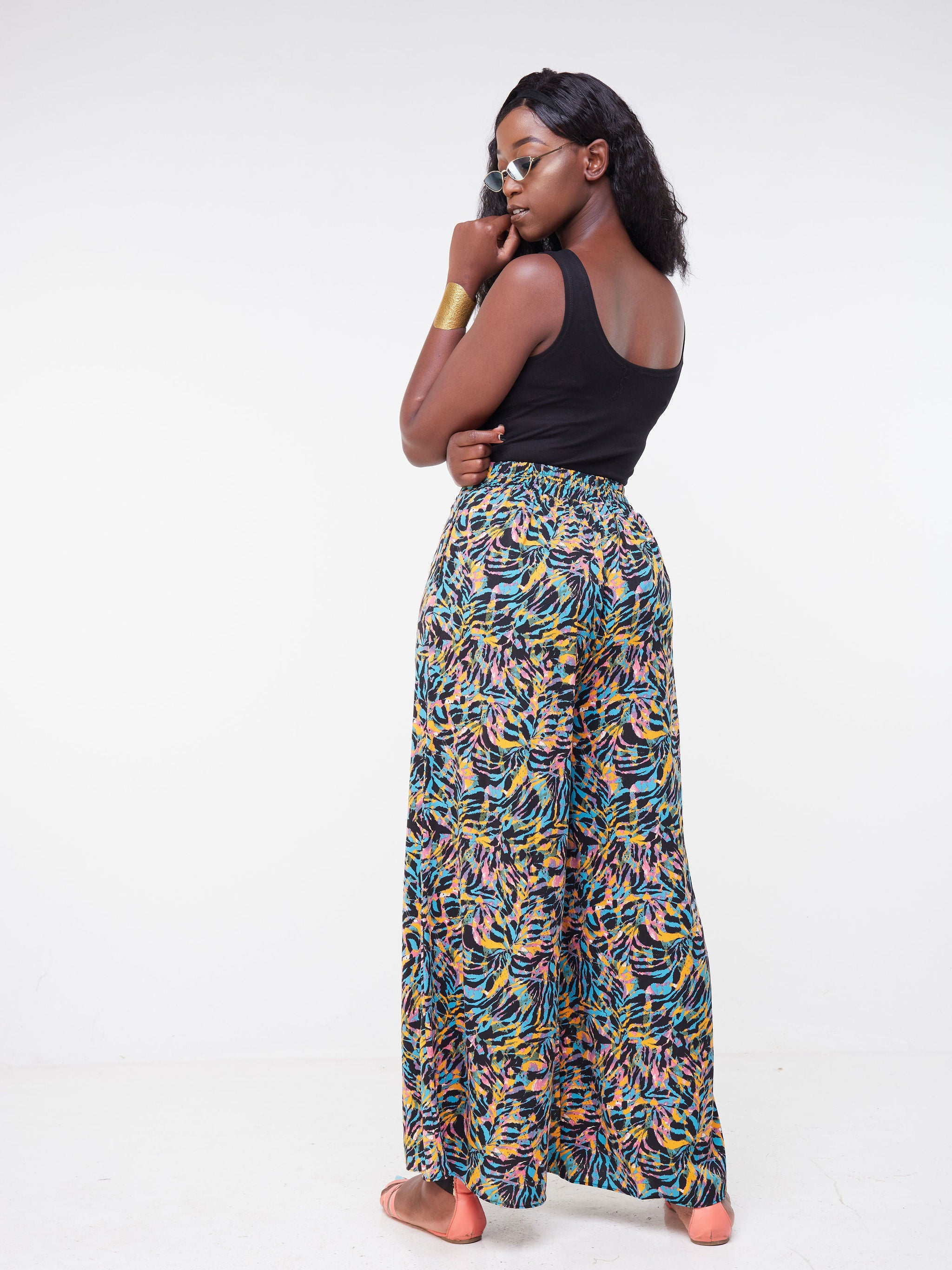 Vivo Malindi Front Slit Pants - Black / Teal Abstract Print