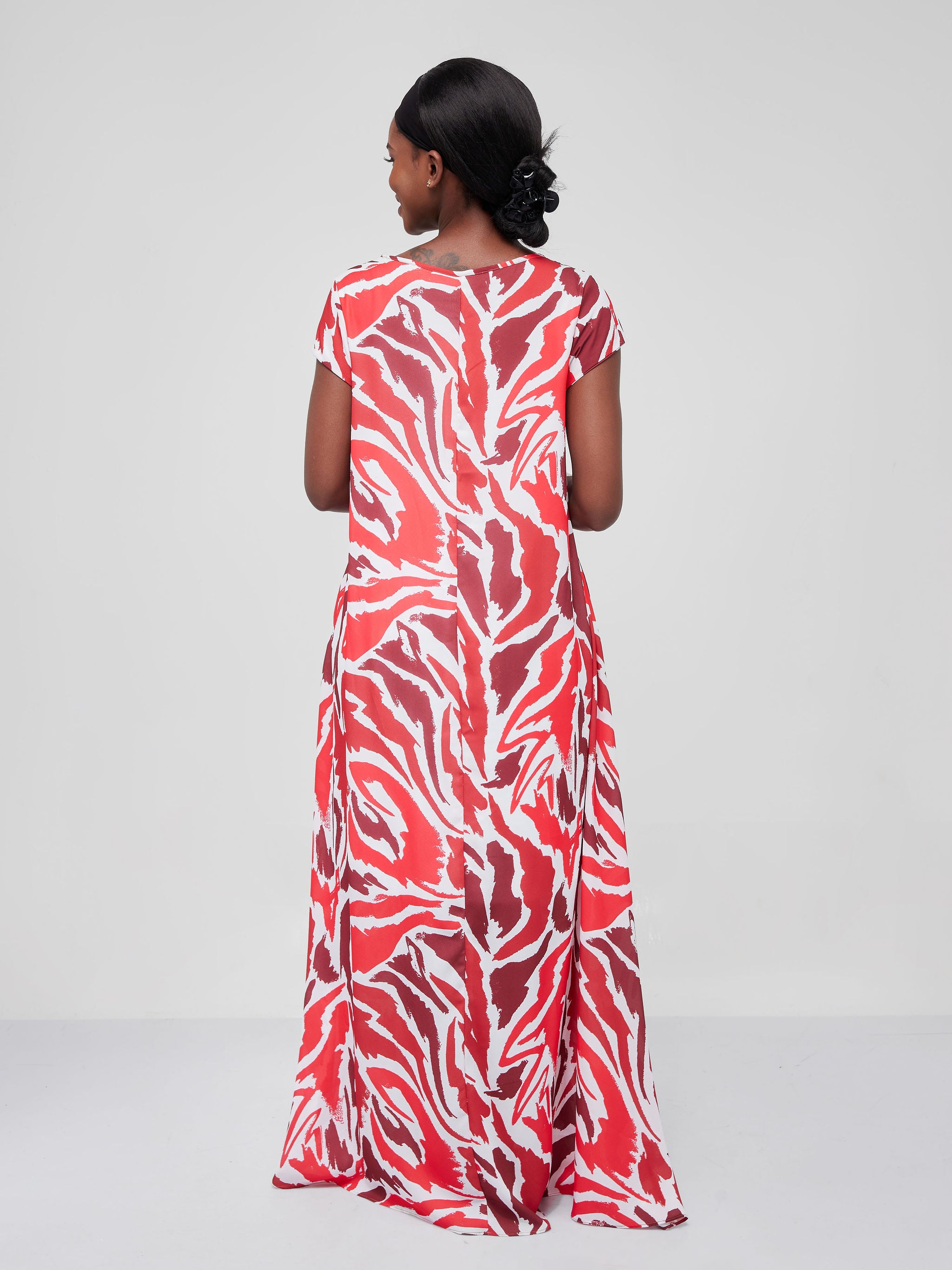 Vivo Basic Cap Sleeved Tent Maxi Dress - Red / Maroon Print