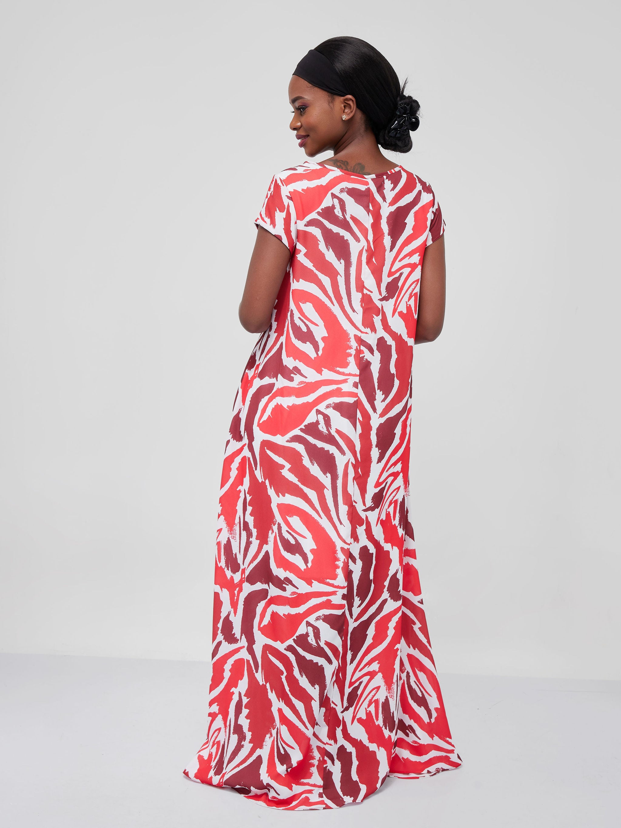 Vivo Basic Cap Sleeved Tent Maxi Dress - Red / Maroon Print