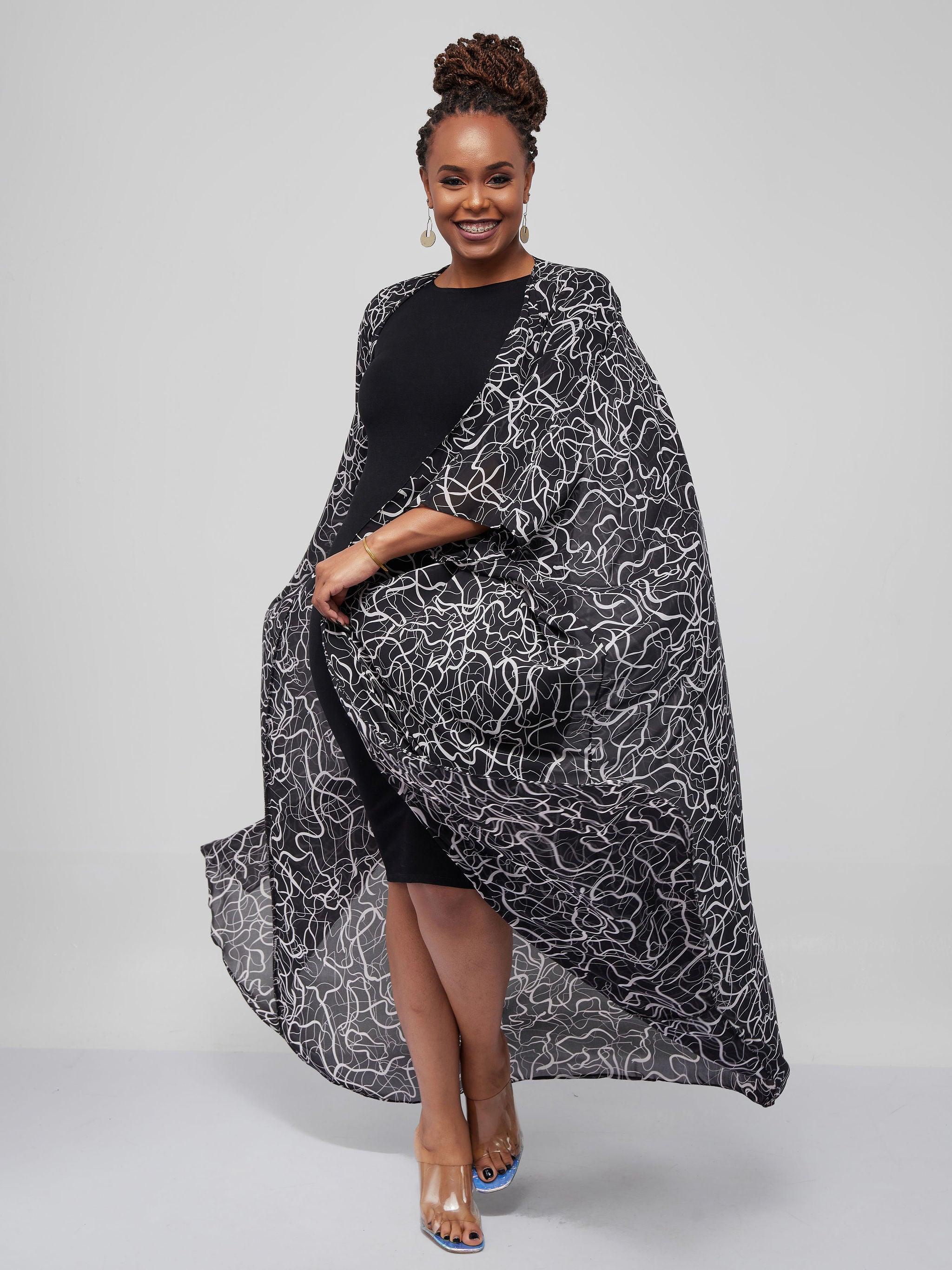 Vivo Muna Chiffon Kimono - Black / White Wavy Print