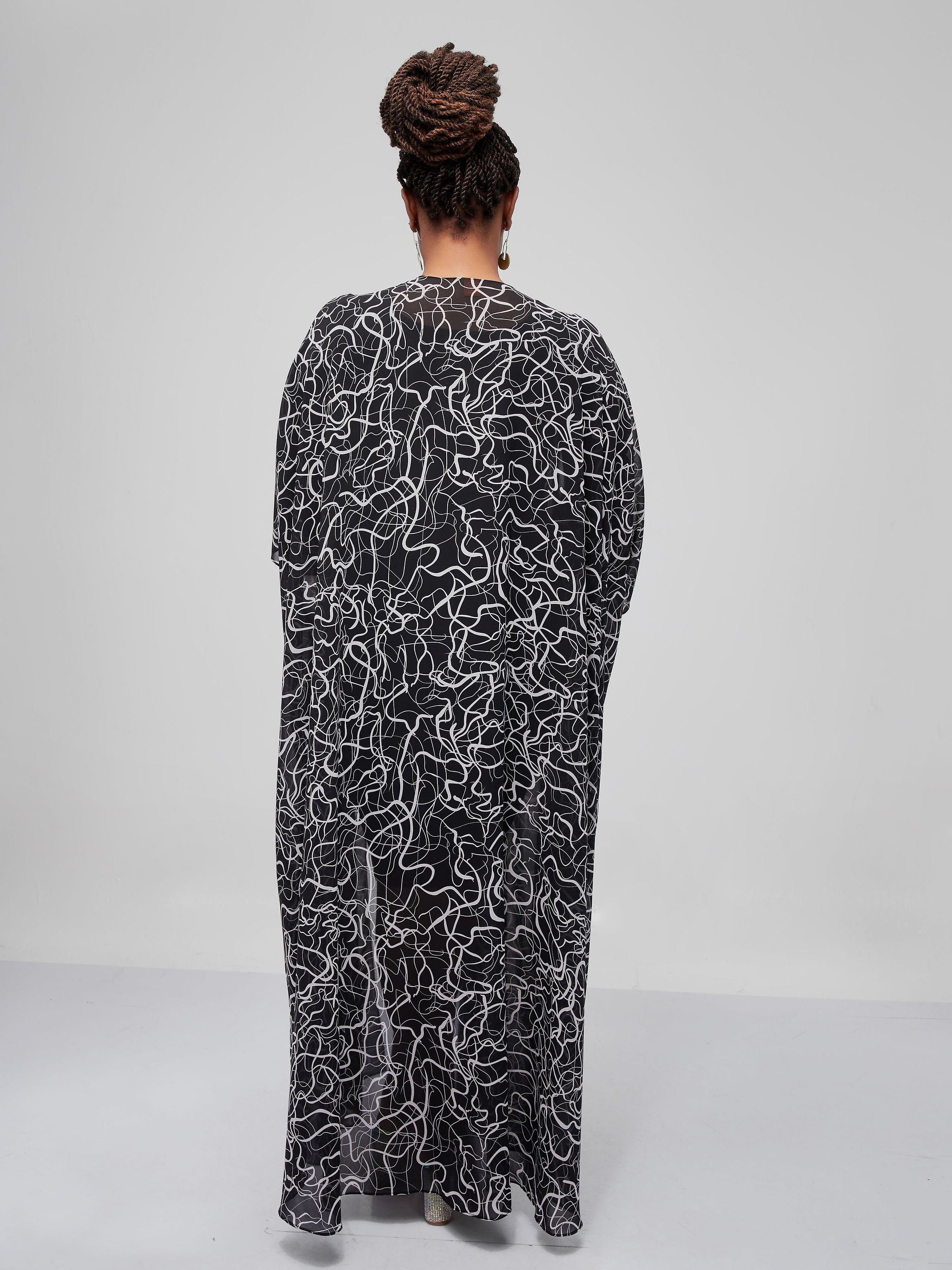 Vivo Muna Chiffon Kimono - Black / White Wavy Print