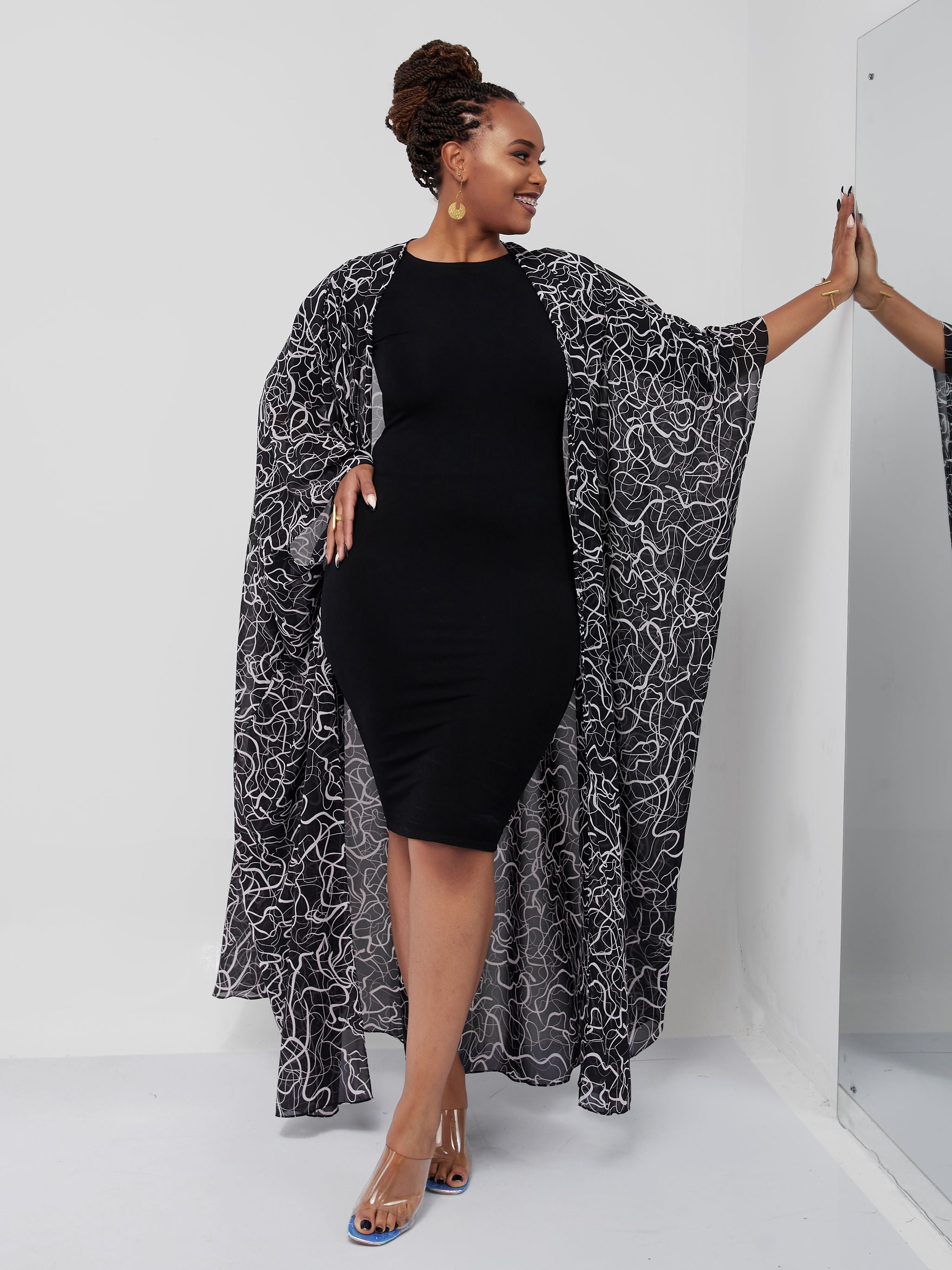 Vivo Muna Chiffon Kimono - Black / White Wavy Print