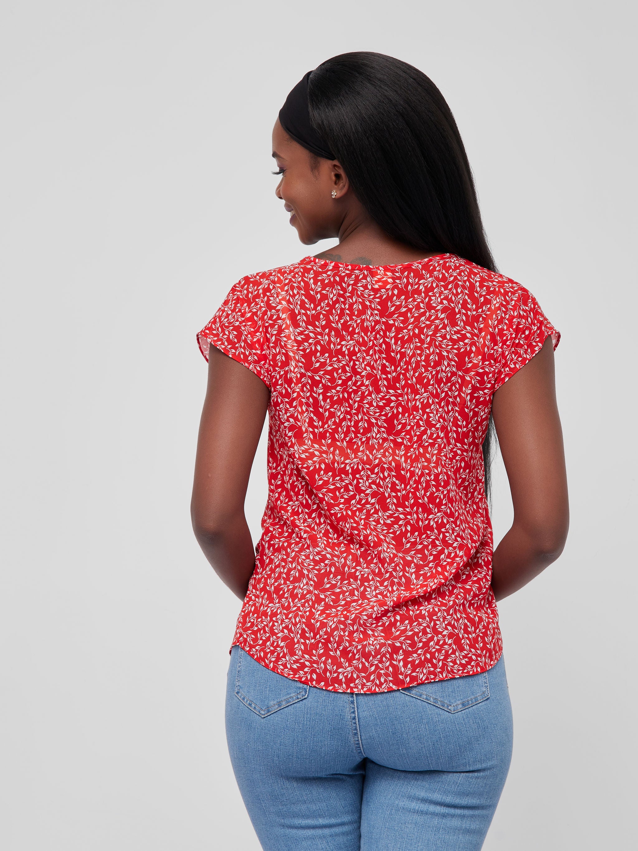 Vivo Basic Chiffon Dropped Shoulder Top - Red Floral Print