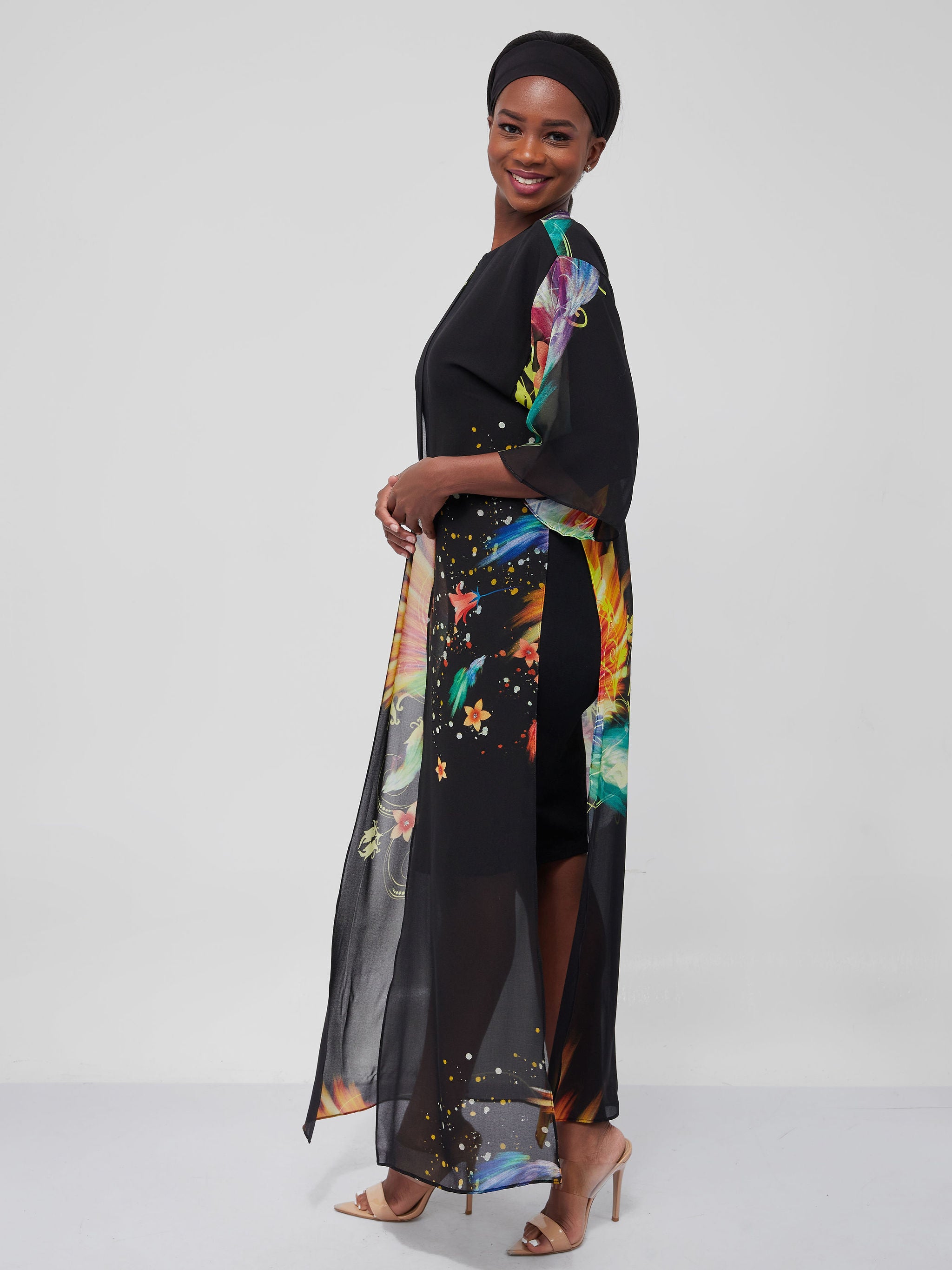 Vivo Basic Nandi High Slit Kimono - Black / Mustard Spiral Print