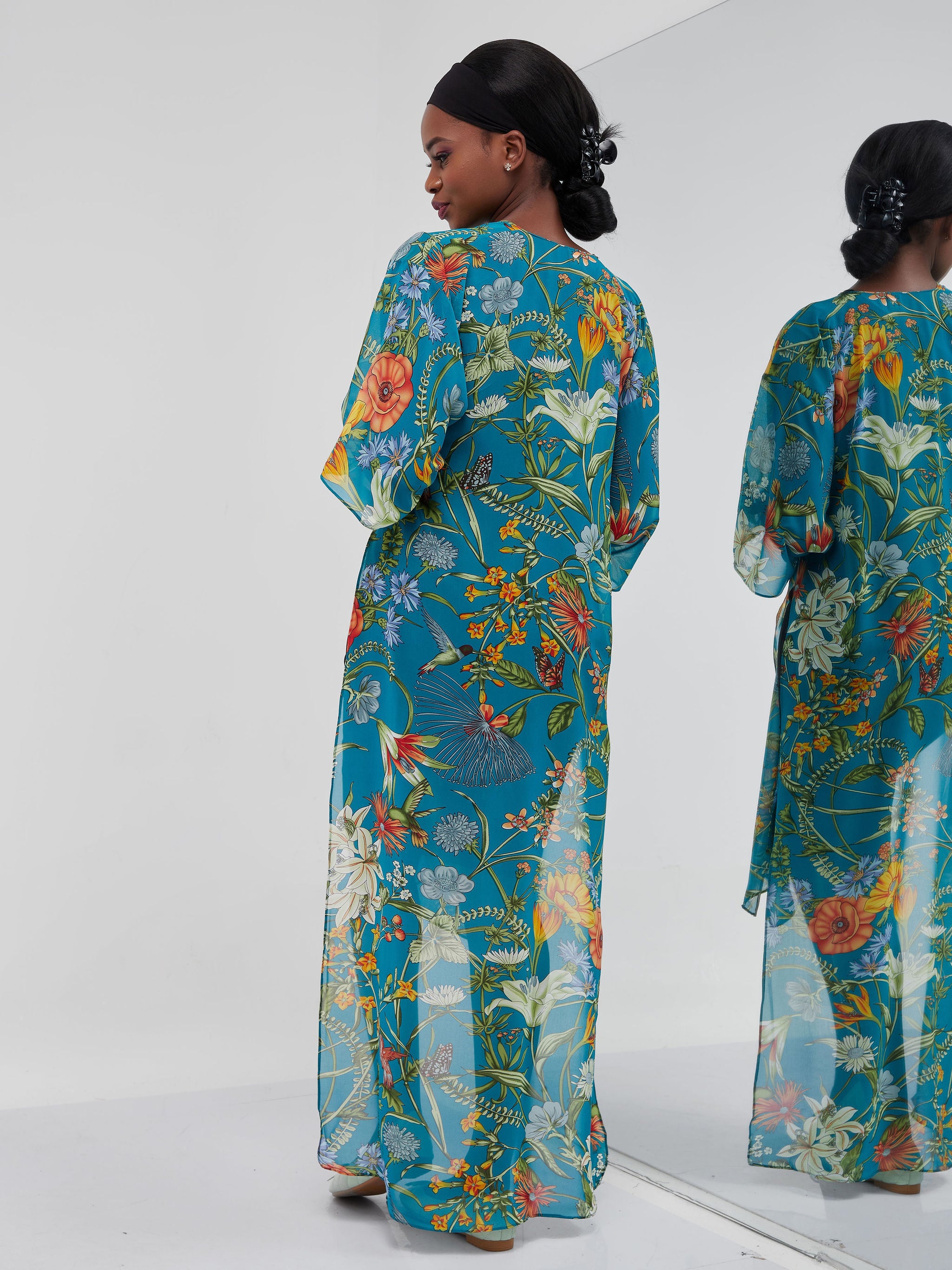 Vivo Basic Nandi High Slit Kimono - Sea Green Nature Print