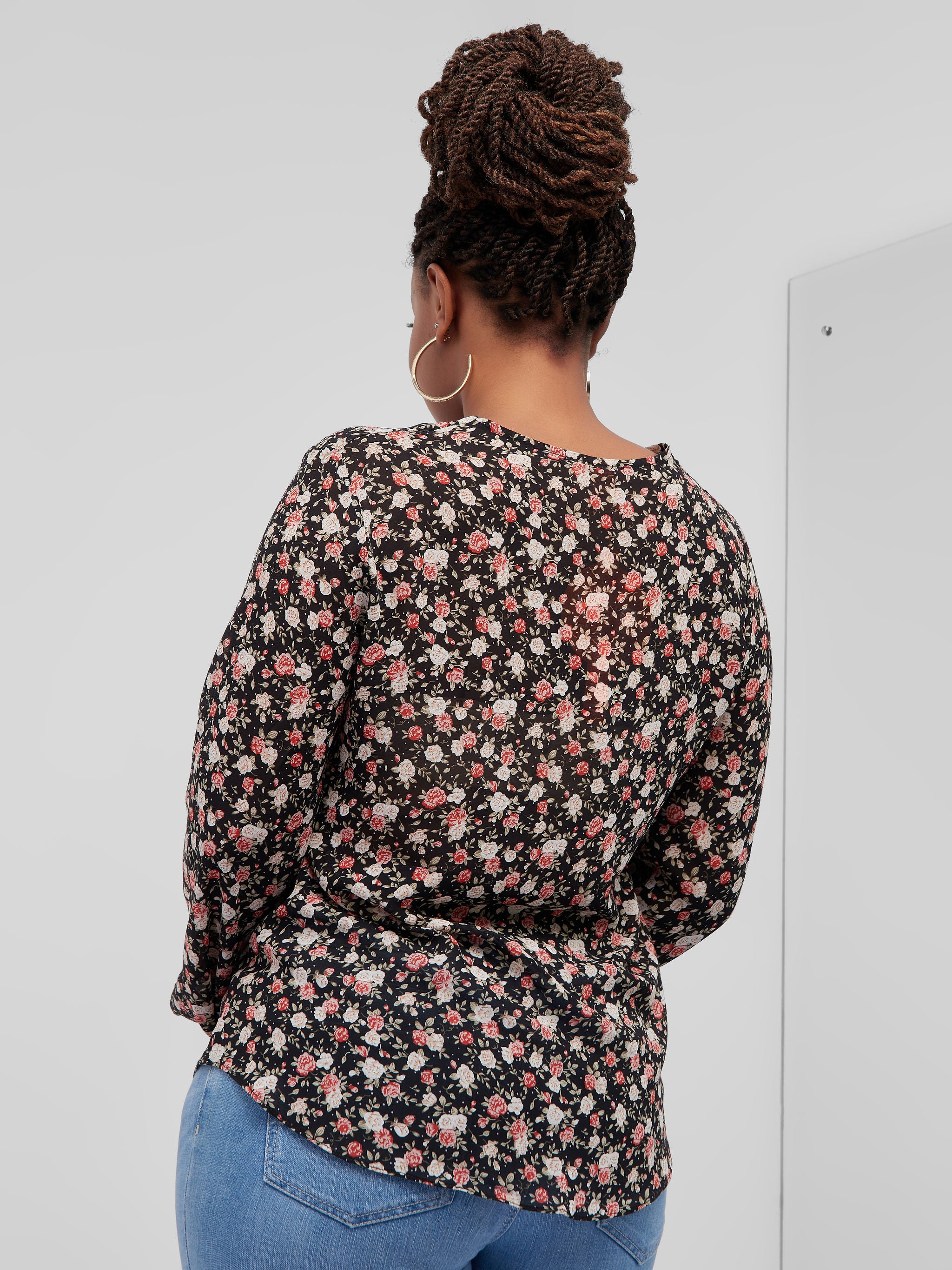 Vivo Basic V-Neck Bishop Sleeve Top - Black / Orange Floral Print
