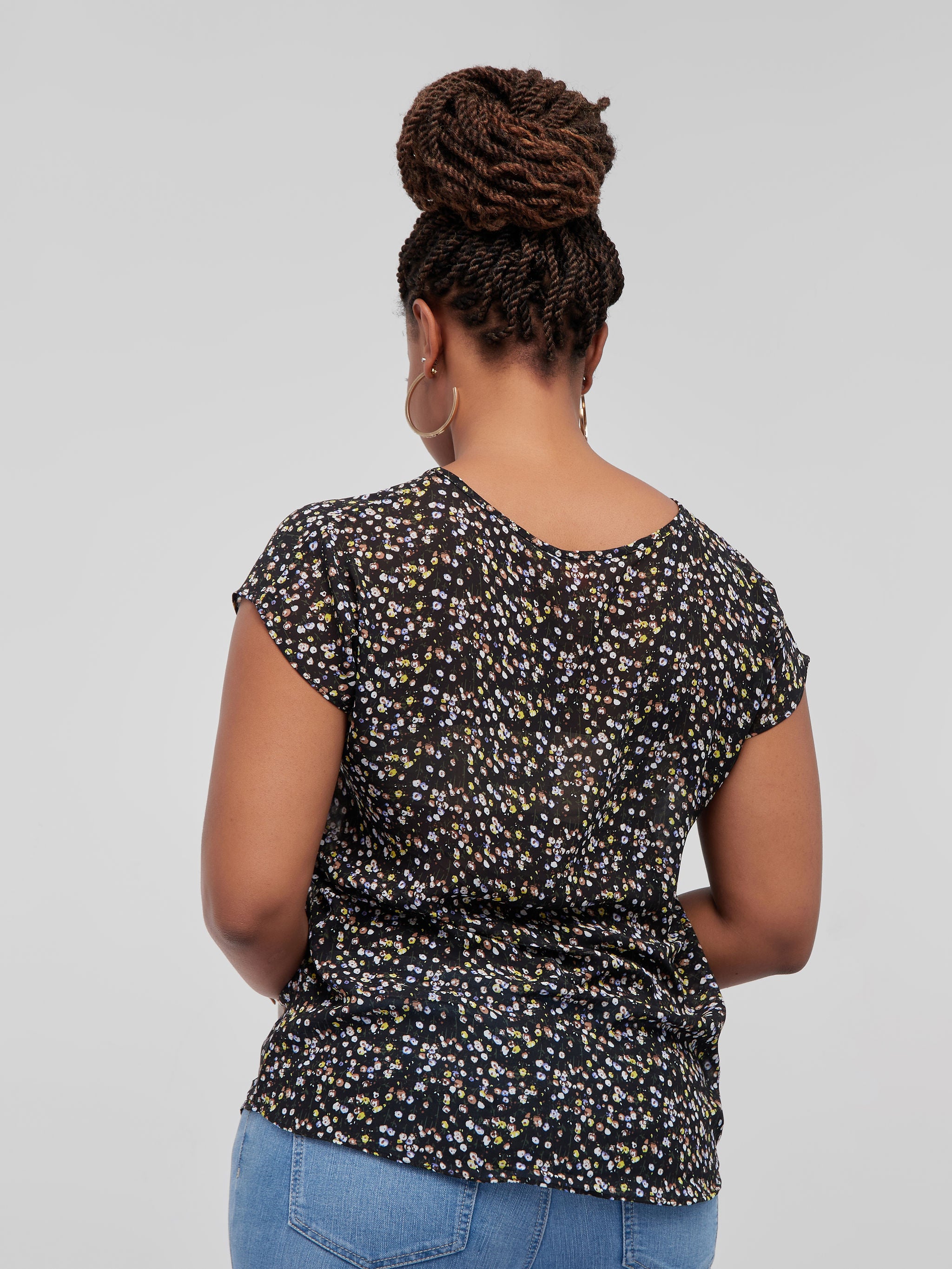 Vivo Basic Chiffon Dropped Shoulder Top - Black Print