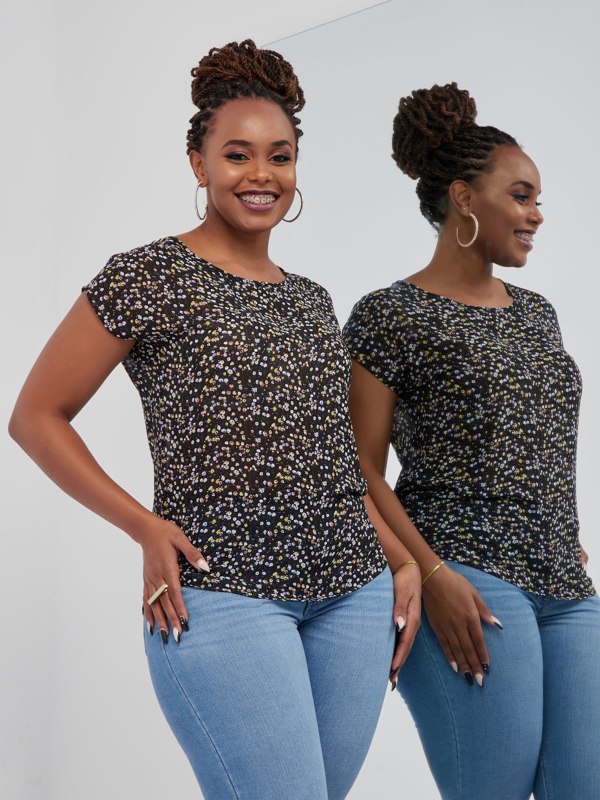 Vivo Basic Chiffon Dropped Shoulder Top - Black Print