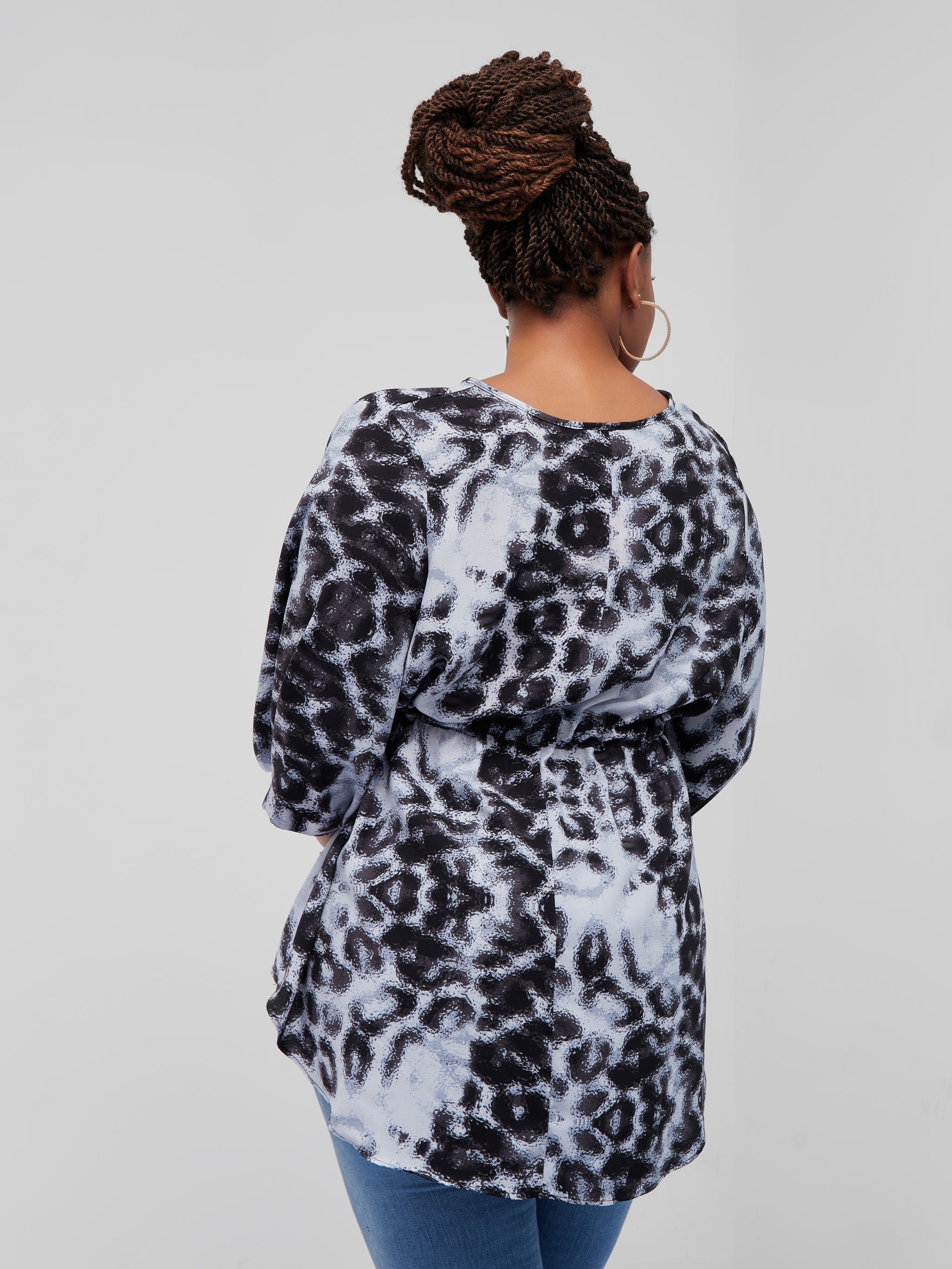 Safari Drawstring High-Low Top - Light Blue / Grey Print