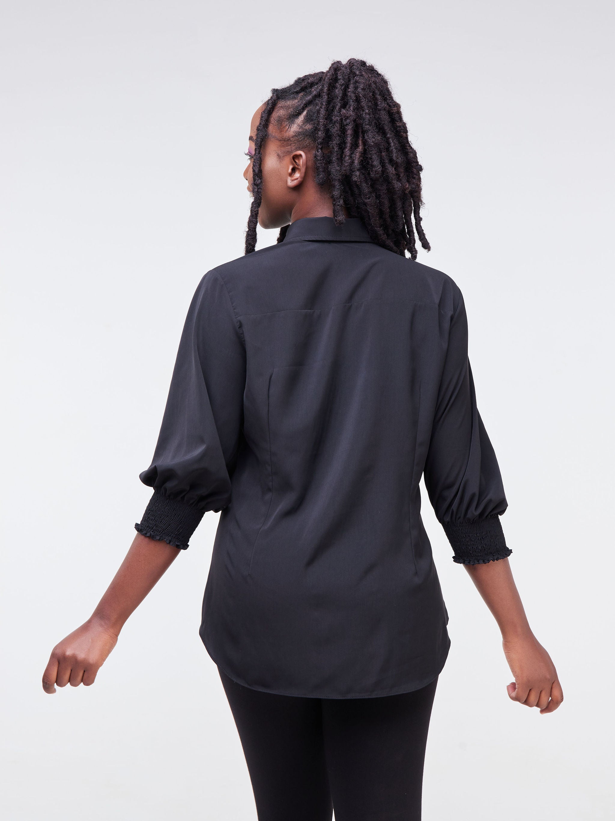 Vivo Fahari 3/4 Sleeve Shirred Shirt - Black
