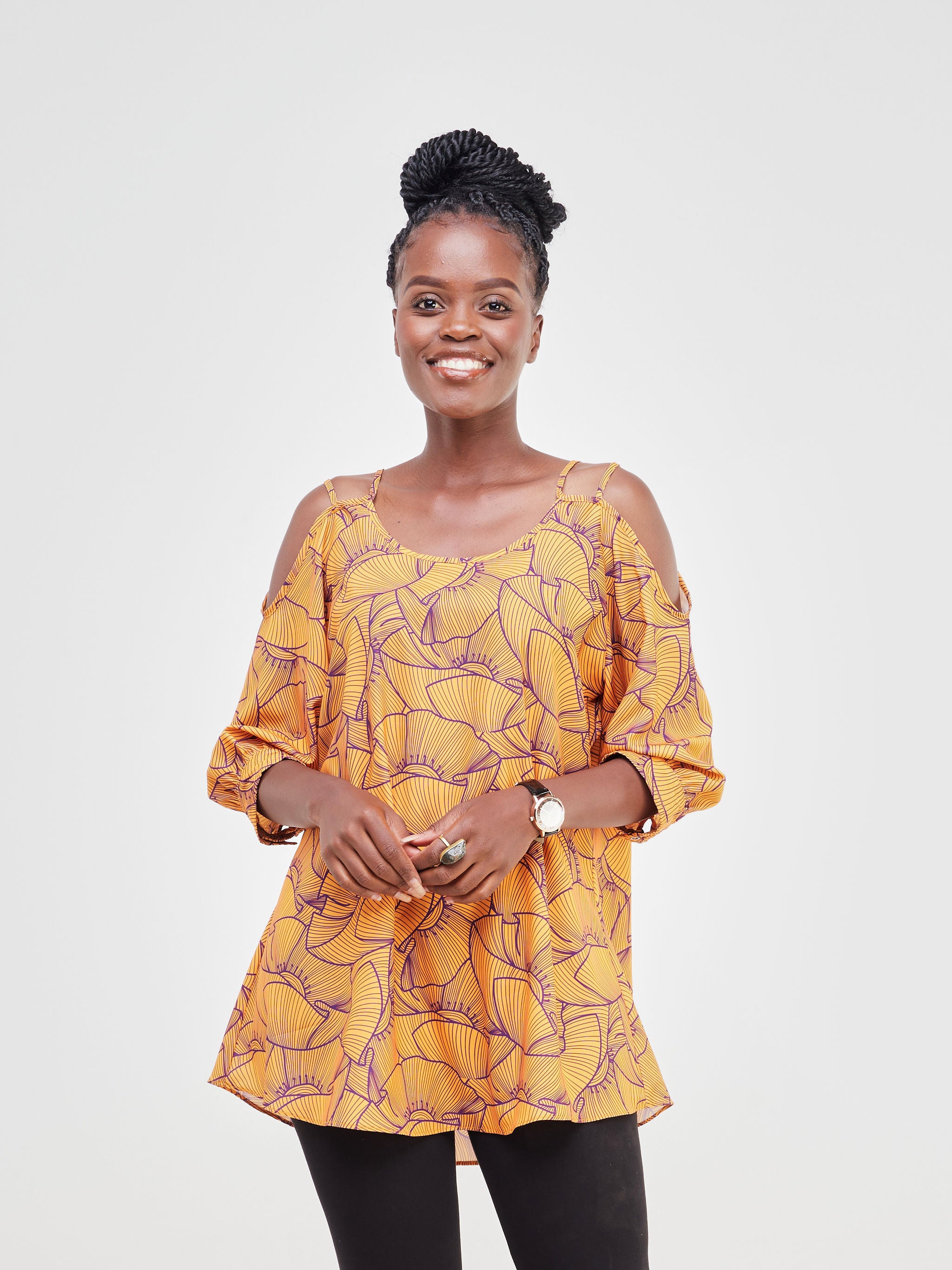 Vivo Dali Strappy Cold Shoulder Top - Mustard / Purple Petal Print