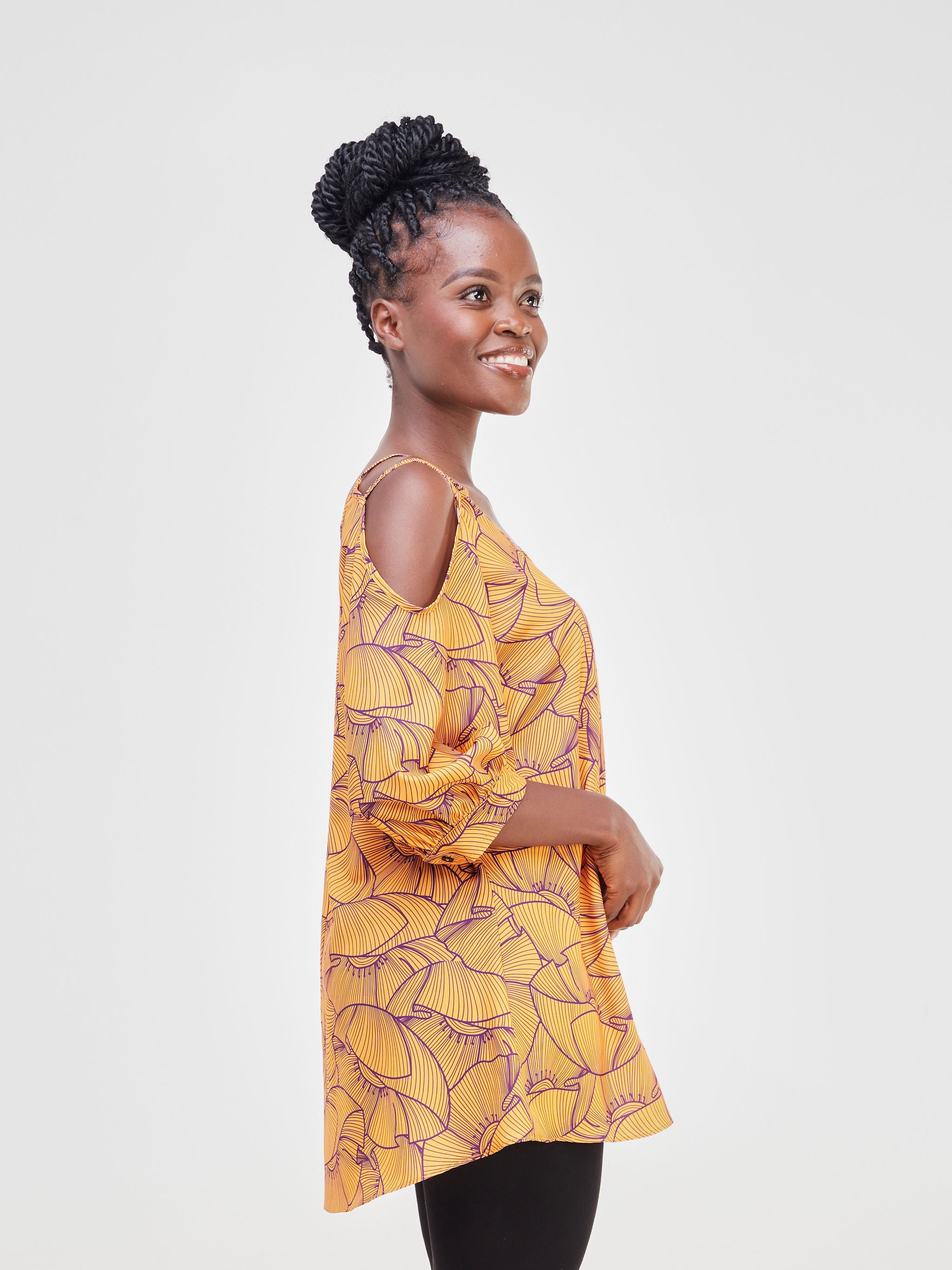 Vivo Dali Strappy Cold Shoulder Top - Mustard / Purple Petal Print