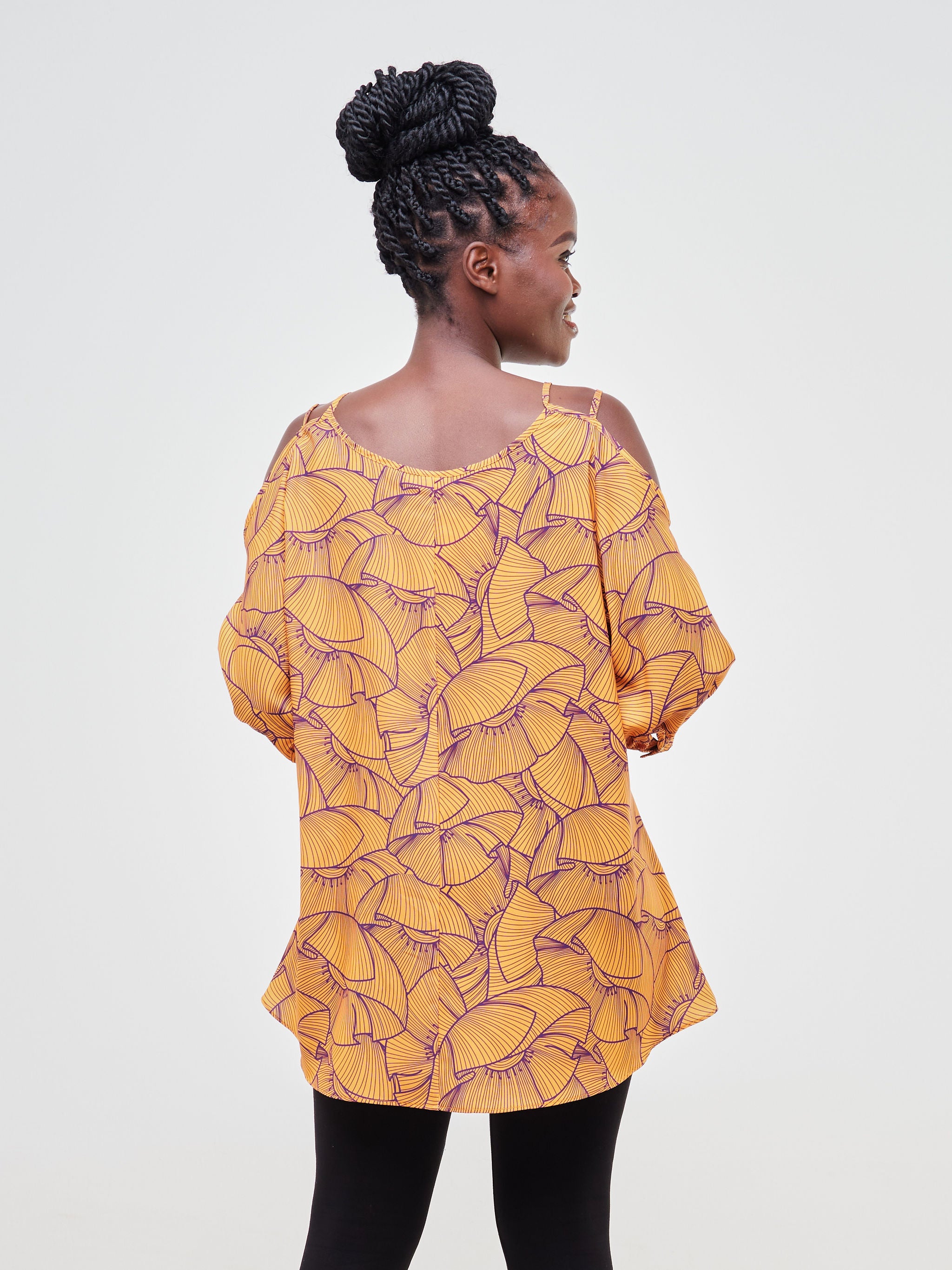 Vivo Dali Strappy Cold Shoulder Top - Mustard / Purple Petal Print