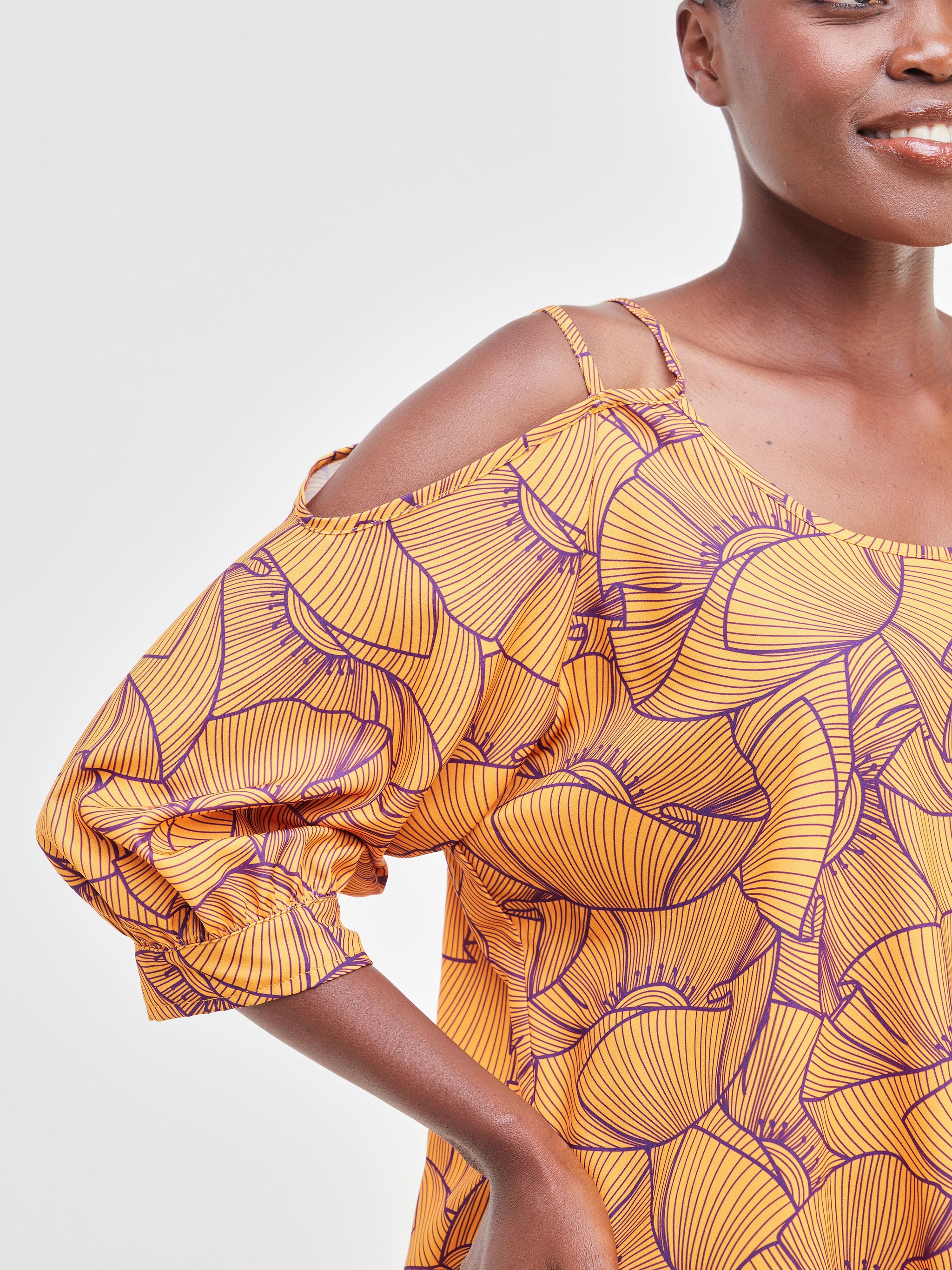 Vivo Dali Strappy Cold Shoulder Top - Mustard / Purple Petal Print