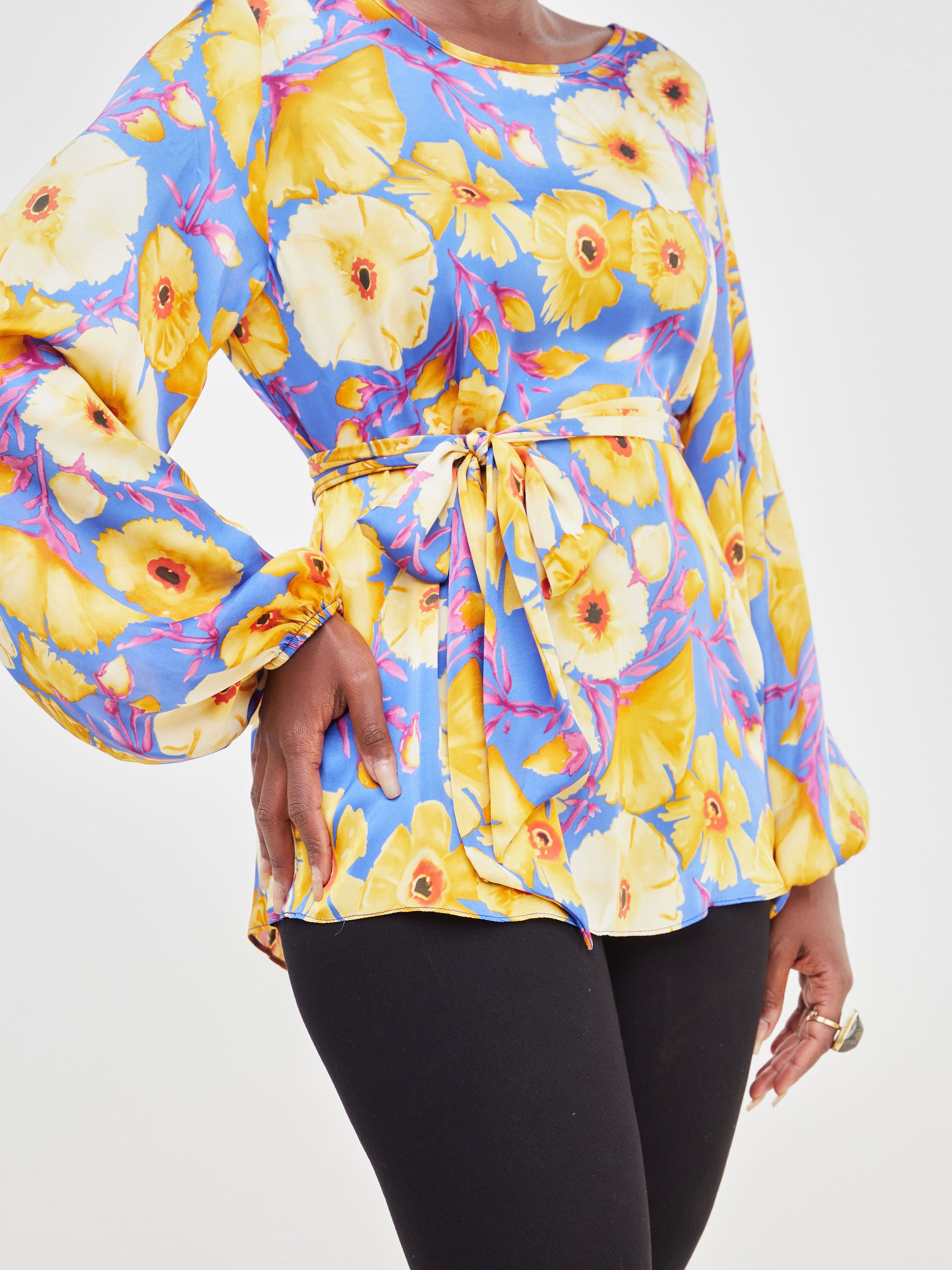 Vivo Basic Satin Bishop Sleeved Top - Blue / Rust Floral Print