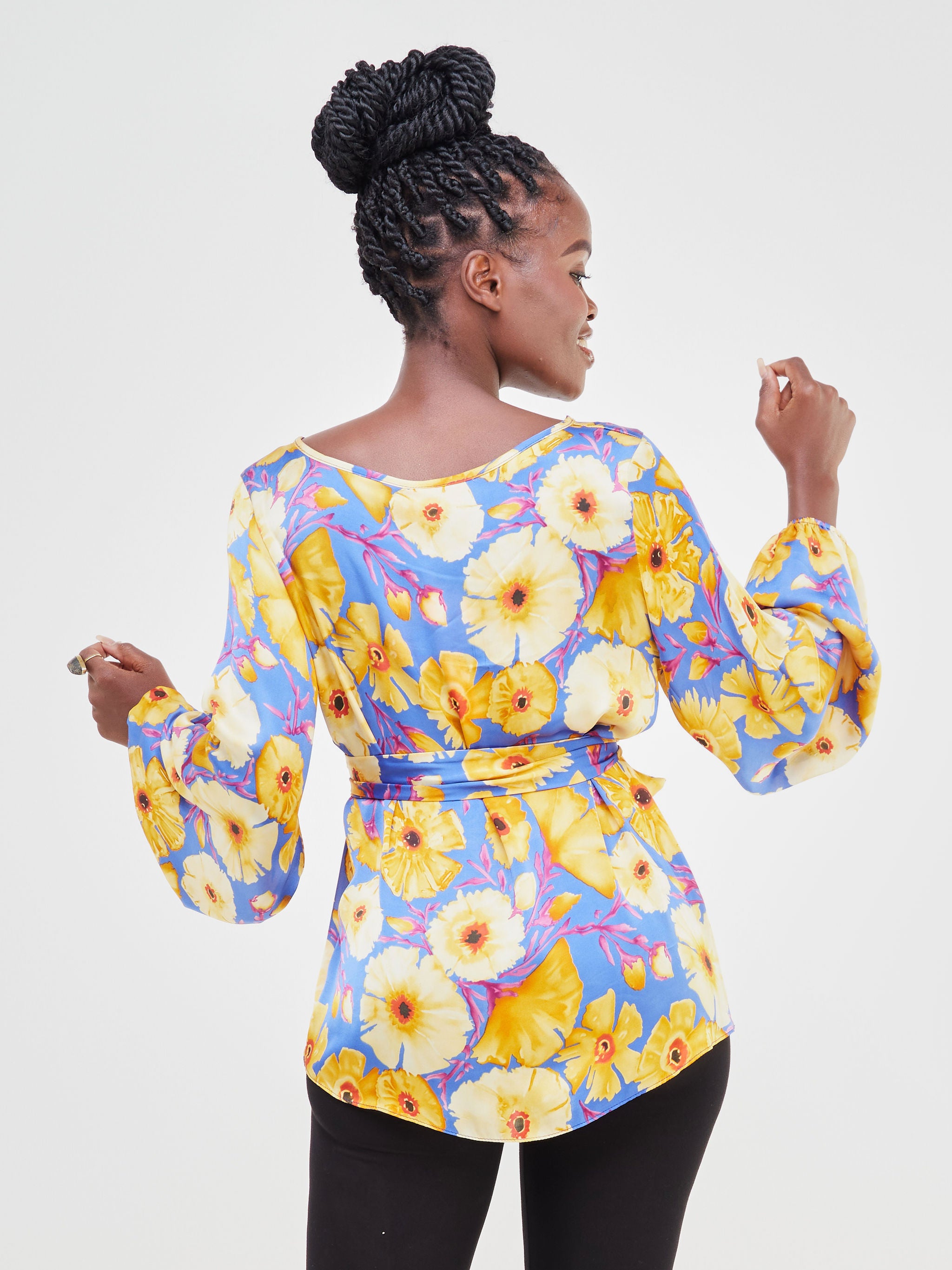 Vivo Basic Satin Bishop Sleeved Top - Blue / Rust Floral Print