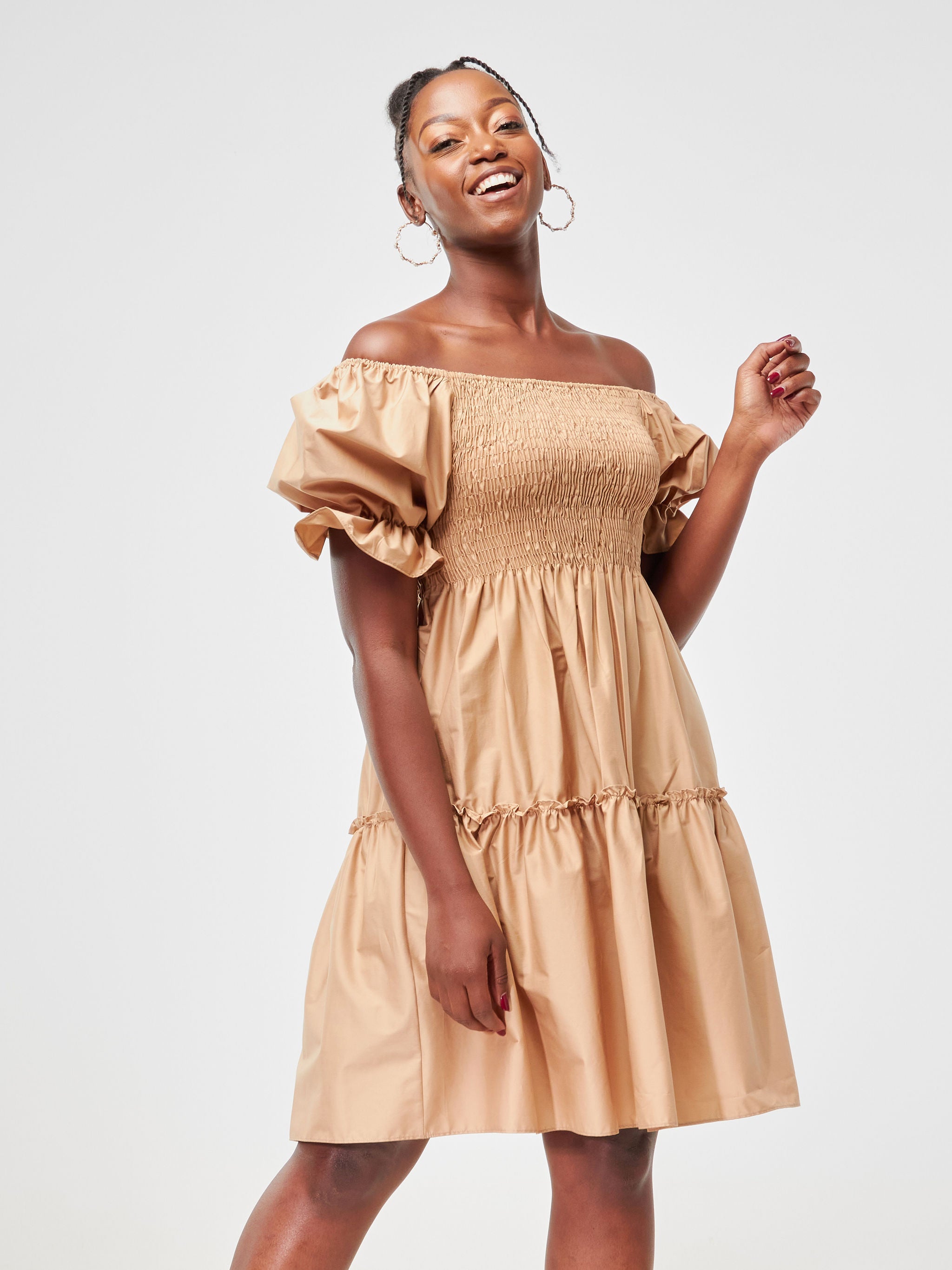 Safari Mara Shirred Bishop Sleeve Dress - Taupe