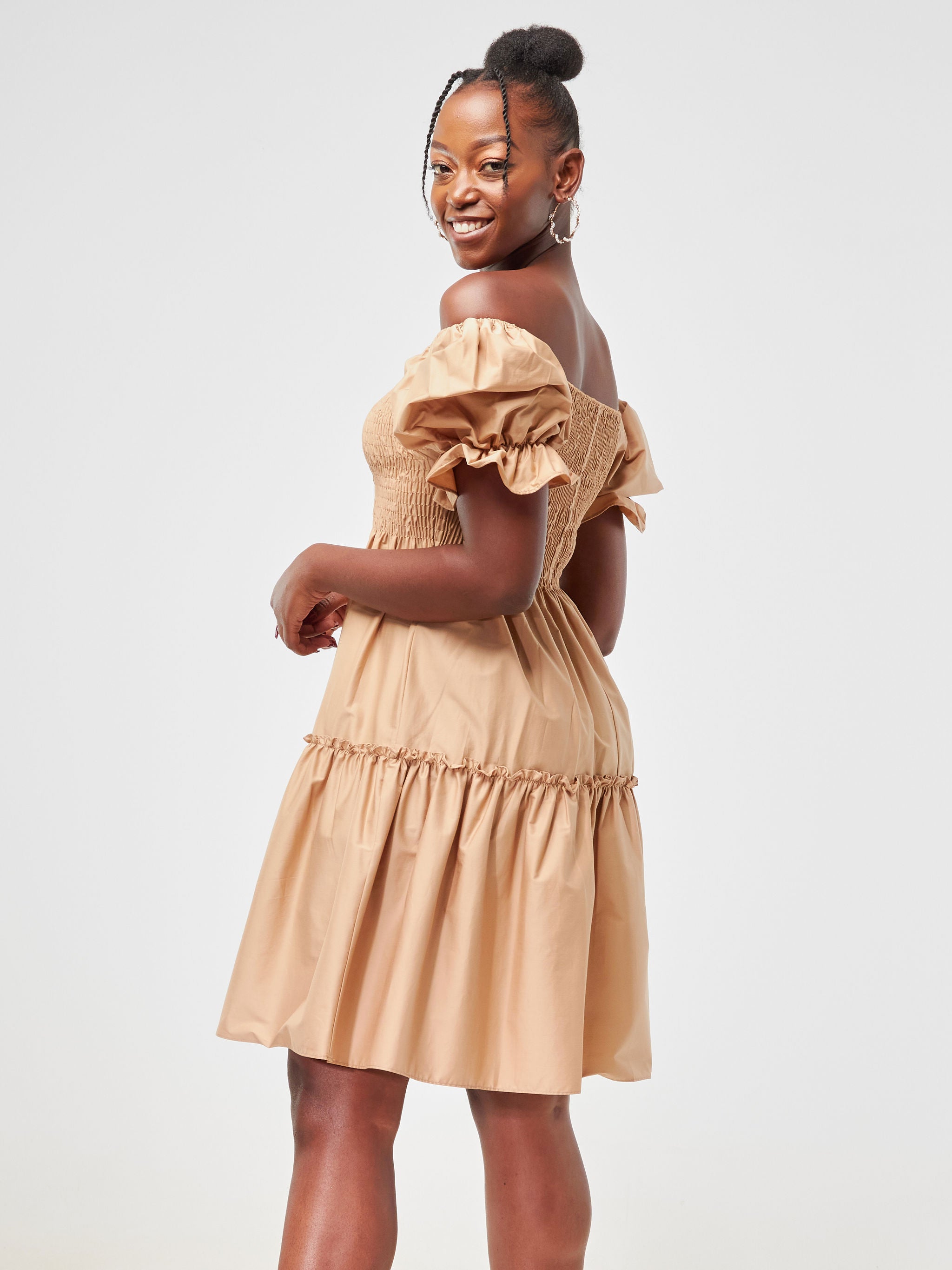 Safari Mara Shirred Bishop Sleeve Dress - Taupe