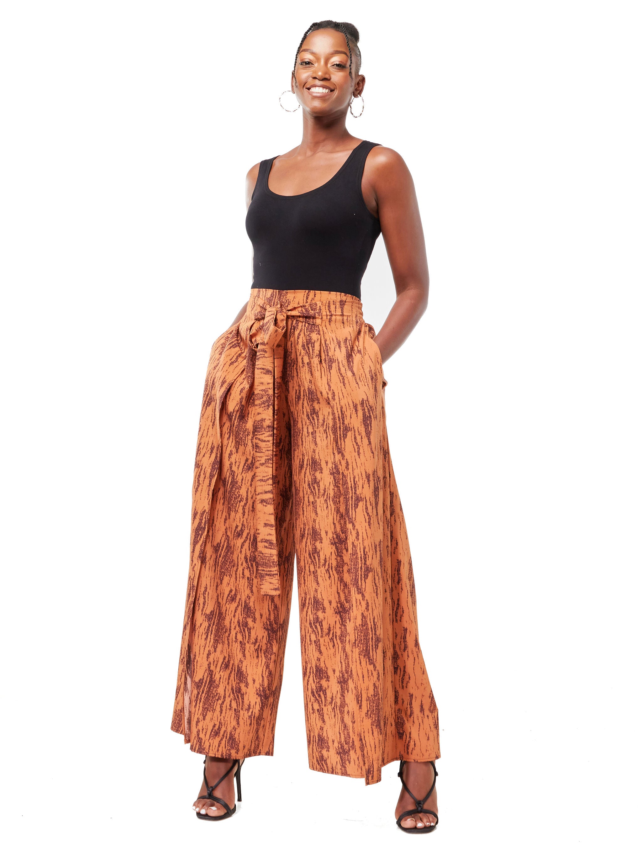 Vivo Dali Panel Wide Leg Pants - Chocolate / Rust Abstract Print