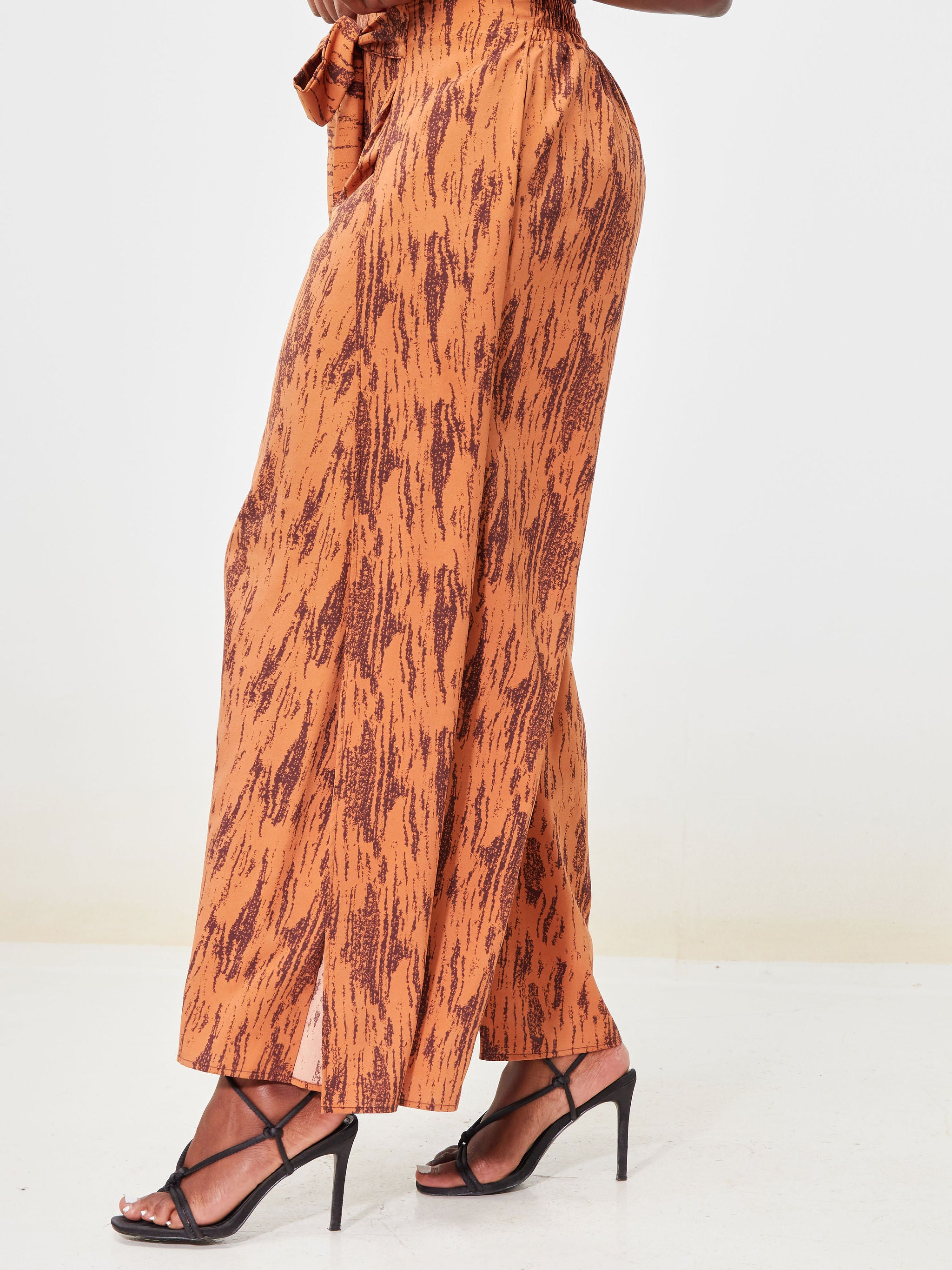 Vivo Dali Panel Wide Leg Pants - Chocolate / Rust Abstract Print