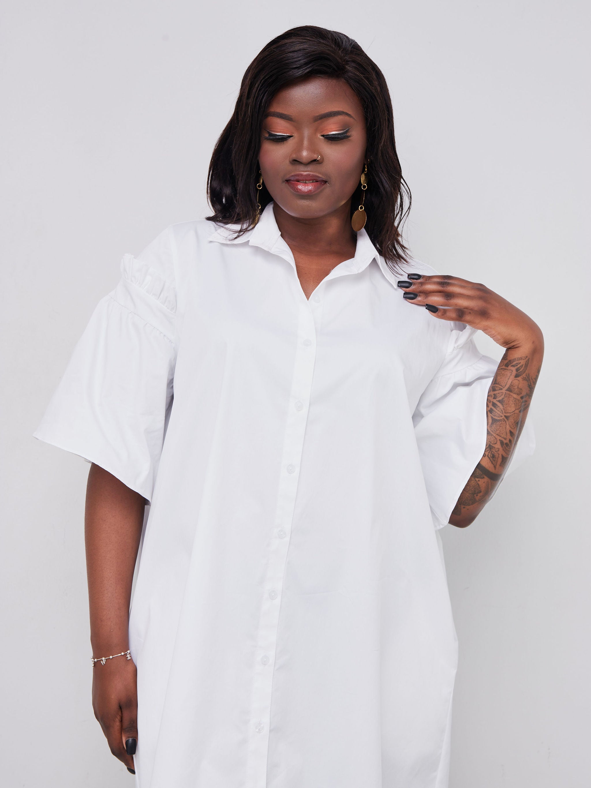 Safari Mali Gathered Flounce Sleeve Shirt Dress - White