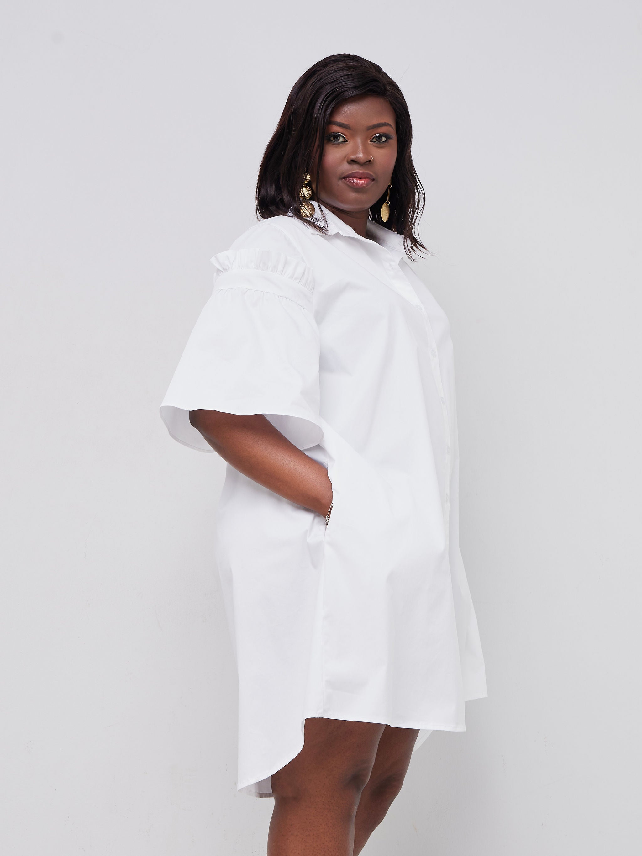 Safari Mali Gathered Flounce Sleeve Shirt Dress - White