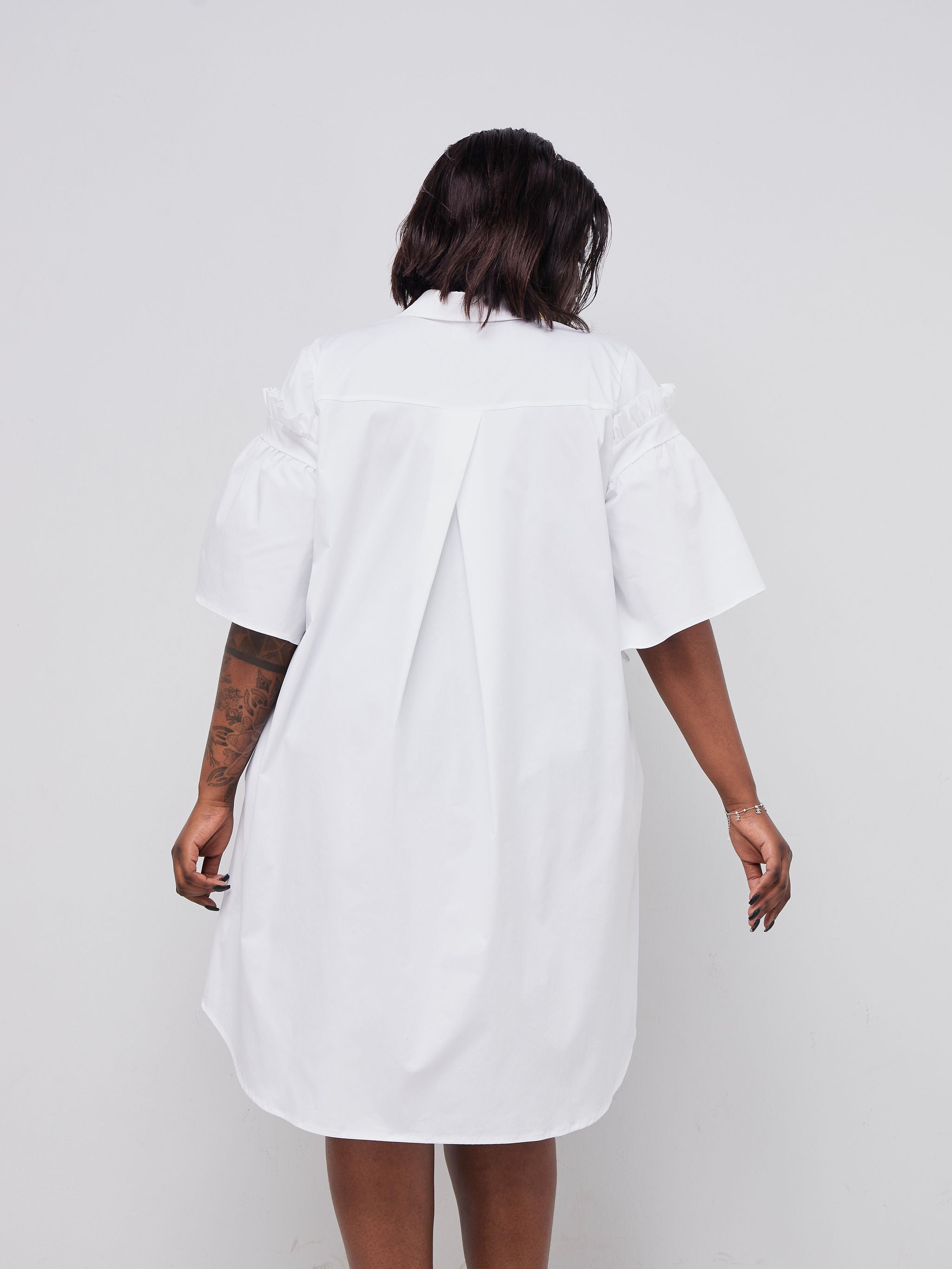 Safari Mali Gathered Flounce Sleeve Shirt Dress - White
