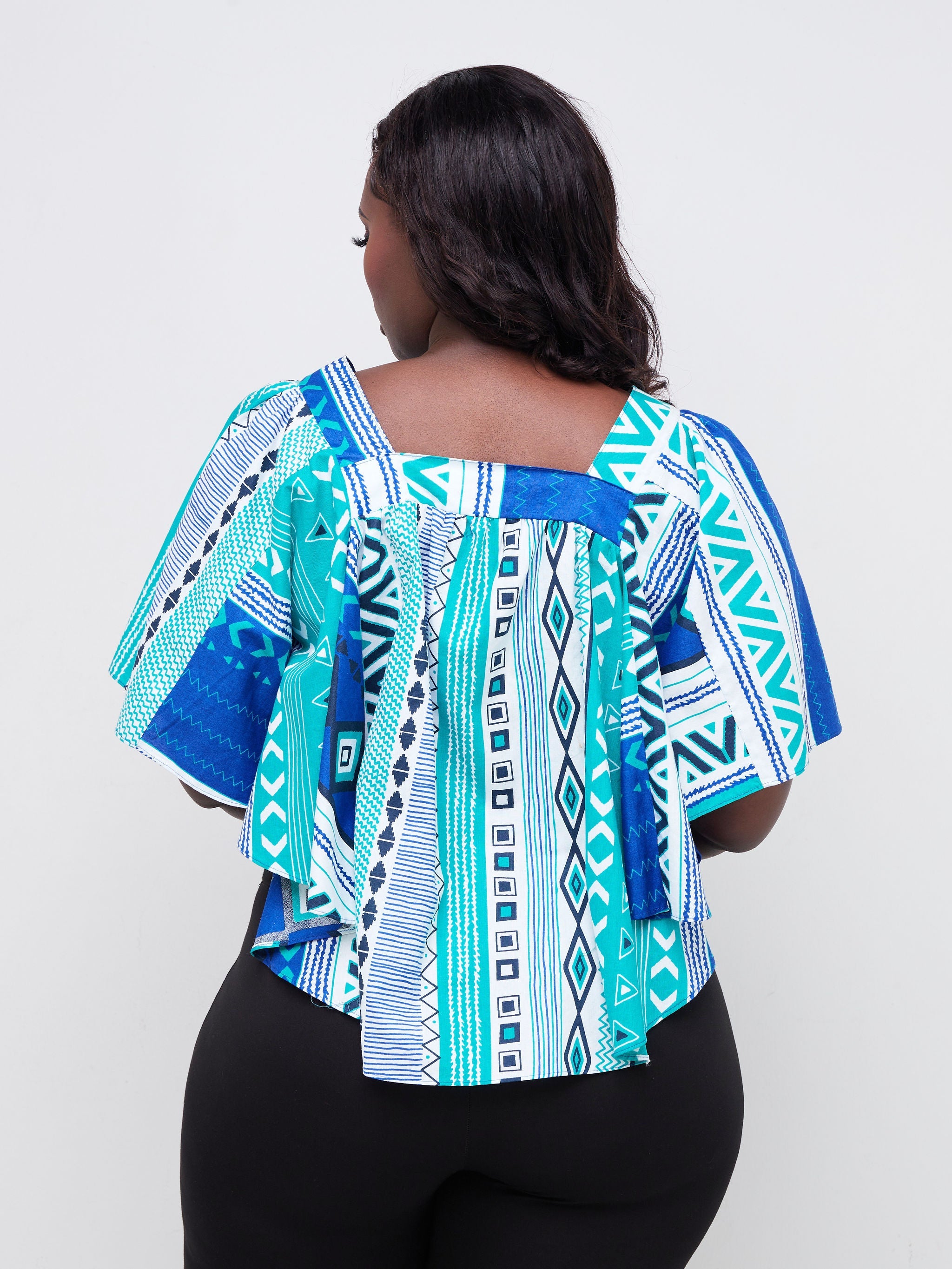 Safari Mara Cape Top - Sea Green / Blue Ankara Print
