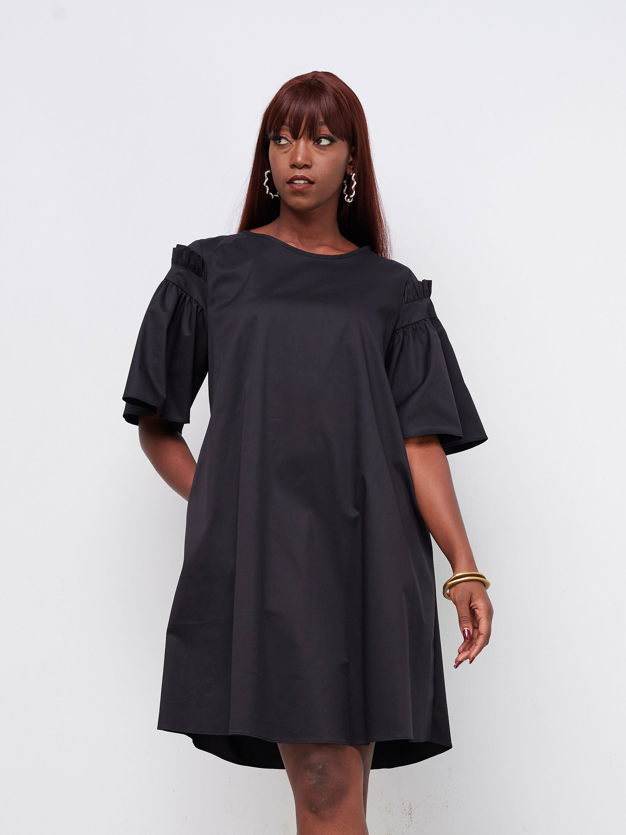 Safari Mali Gathered Flounce Sleeve Tent Dress - Black | Vivo Fashion Group Kenya Safari Mali Gathered Flounce Sleeve Tent Dress - Black | Vivo Fashion Group Kenya