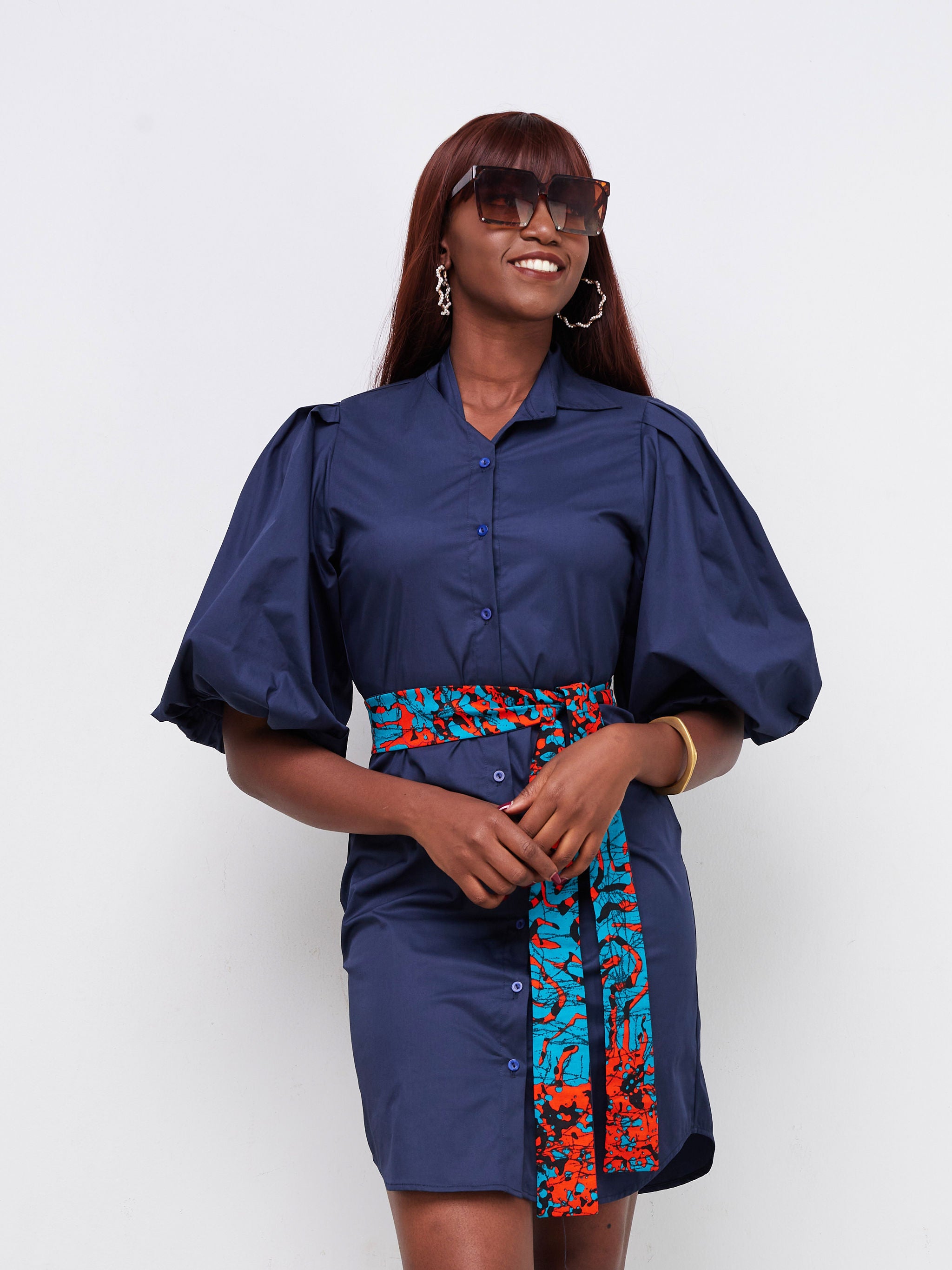 Safari Mali Bishop Sleeve Shirt Dress - Navy Blue