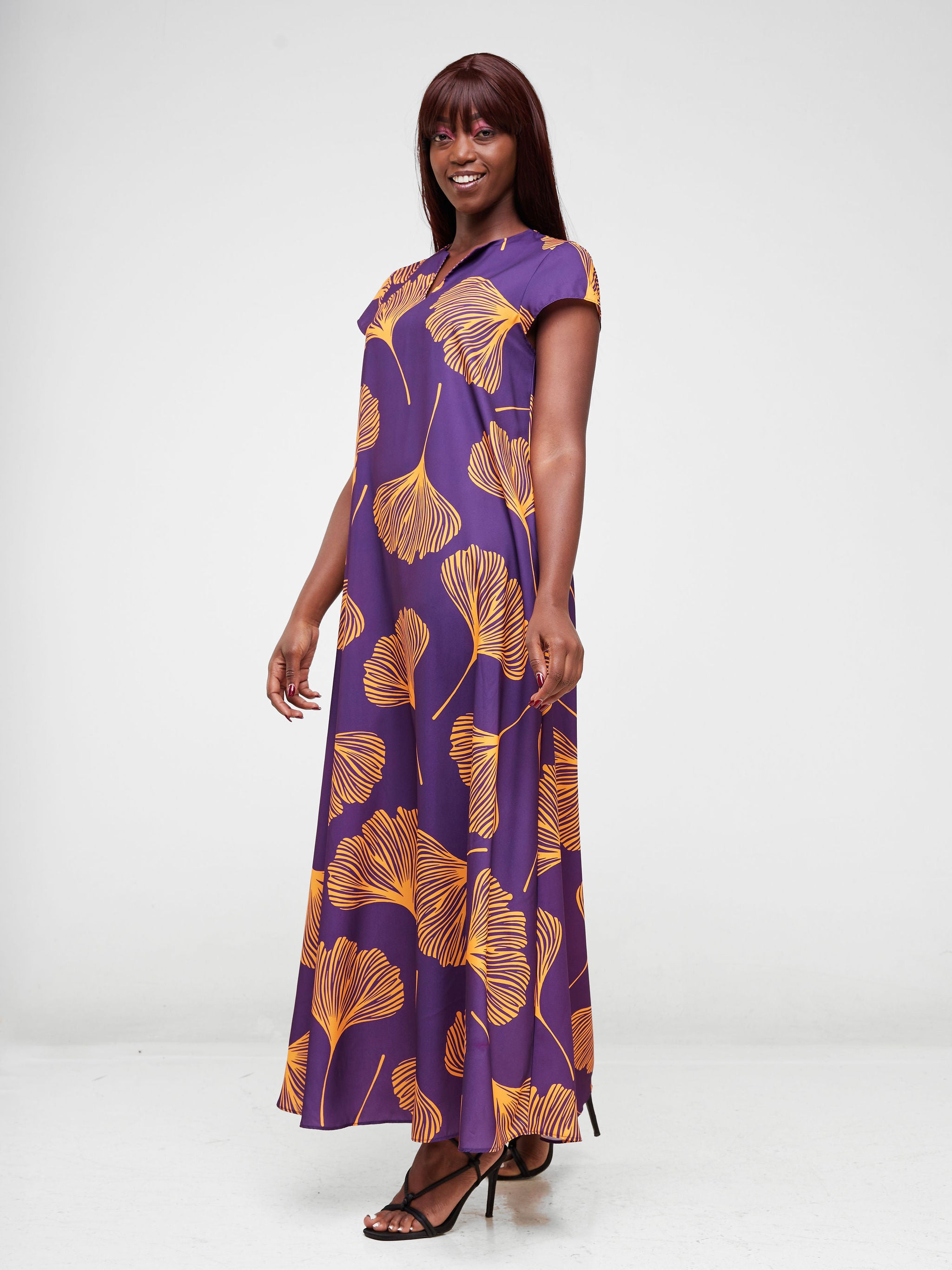 Vivo Zola V Neck Cap Sleeve Maxi - Purple / Mustard Floral Print