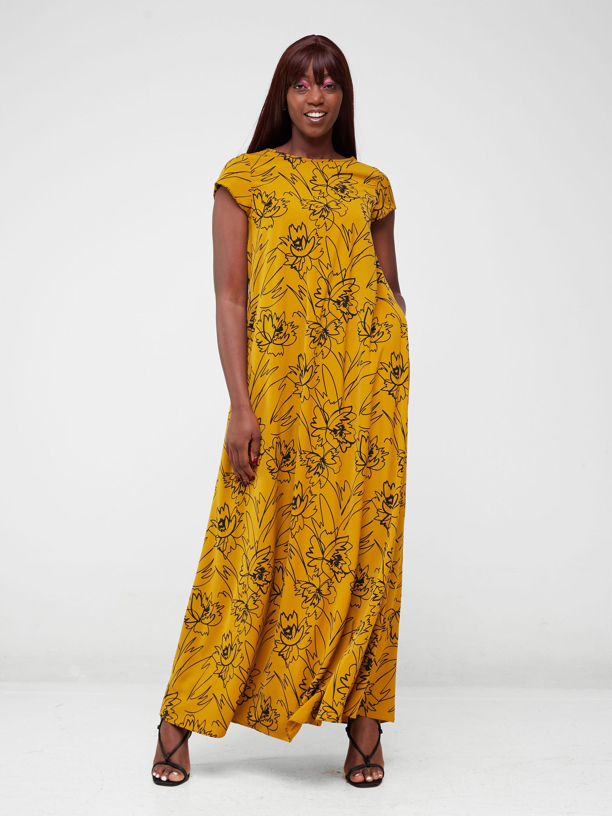 Vivo Basic Cap Sleeved Tent Maxi Dress - Mustard / Black Abstract Print