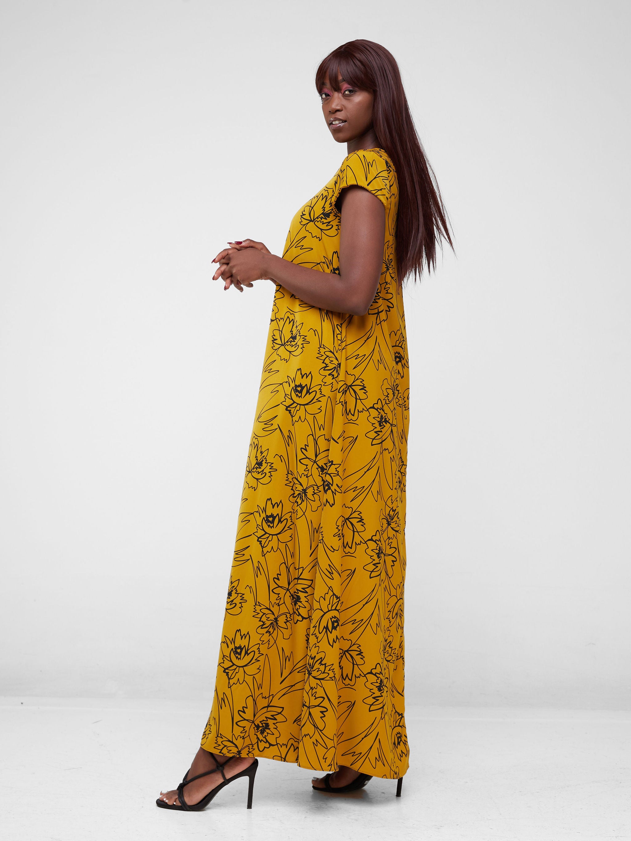 Vivo Basic Cap Sleeved Tent Maxi Dress - Mustard / Black Abstract Print