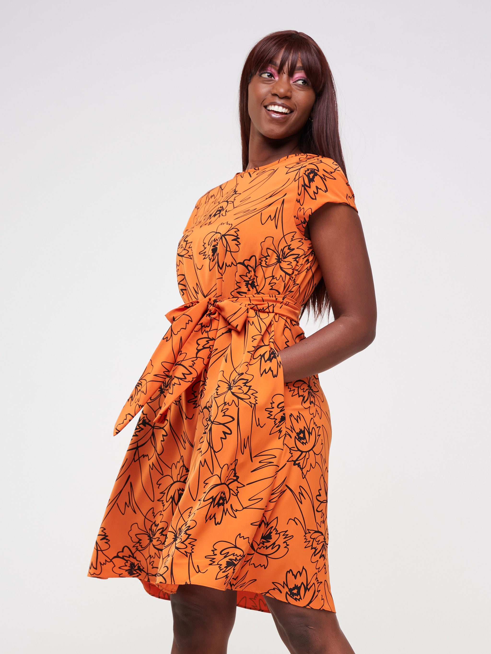 Vivo Basic Cap Sleeve Knee Length Tent Dress - Orange / Black Floral Print