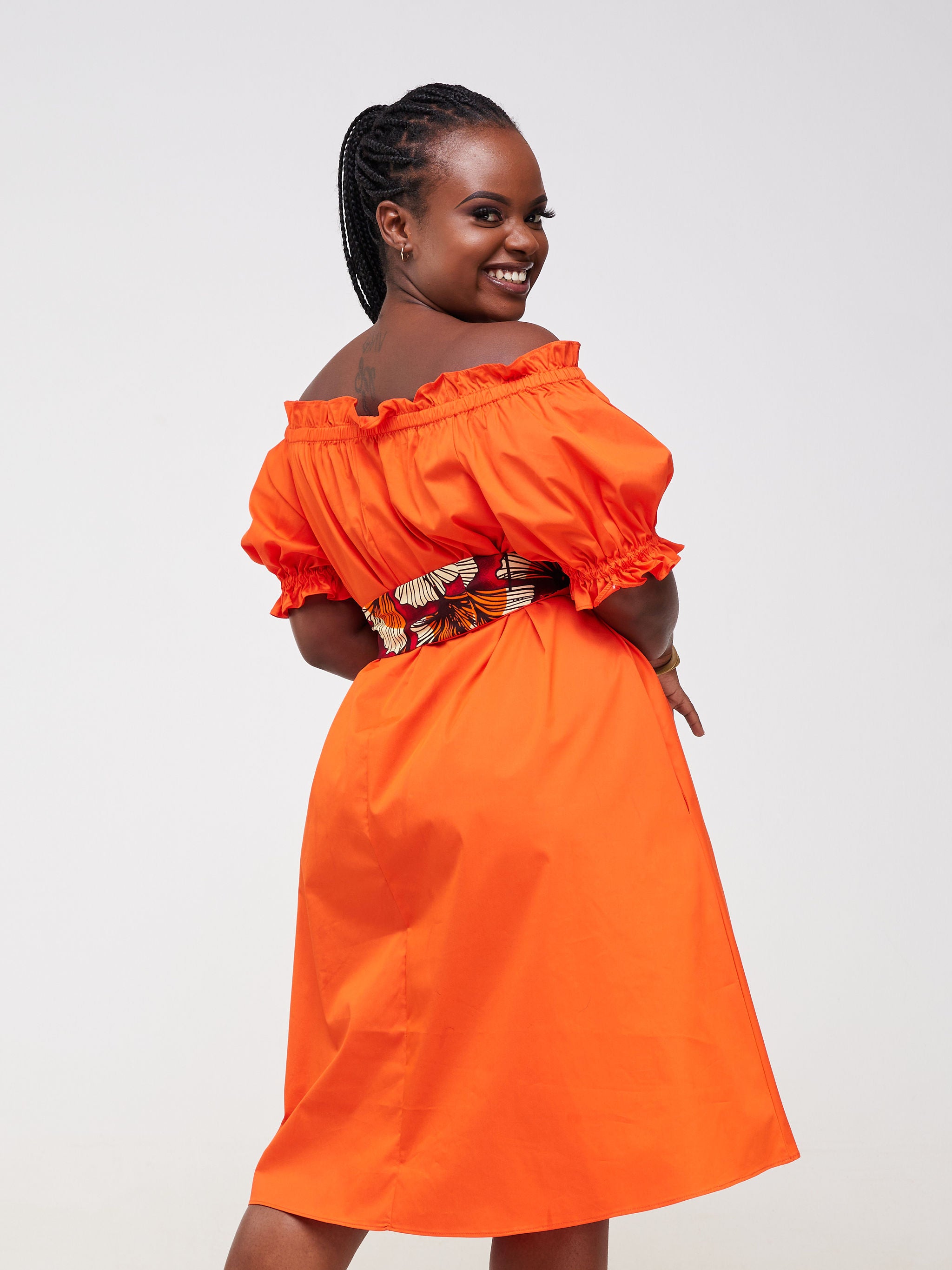 Safari Mali Off - Shoulder Ruffle Knee Length Dress - Orange