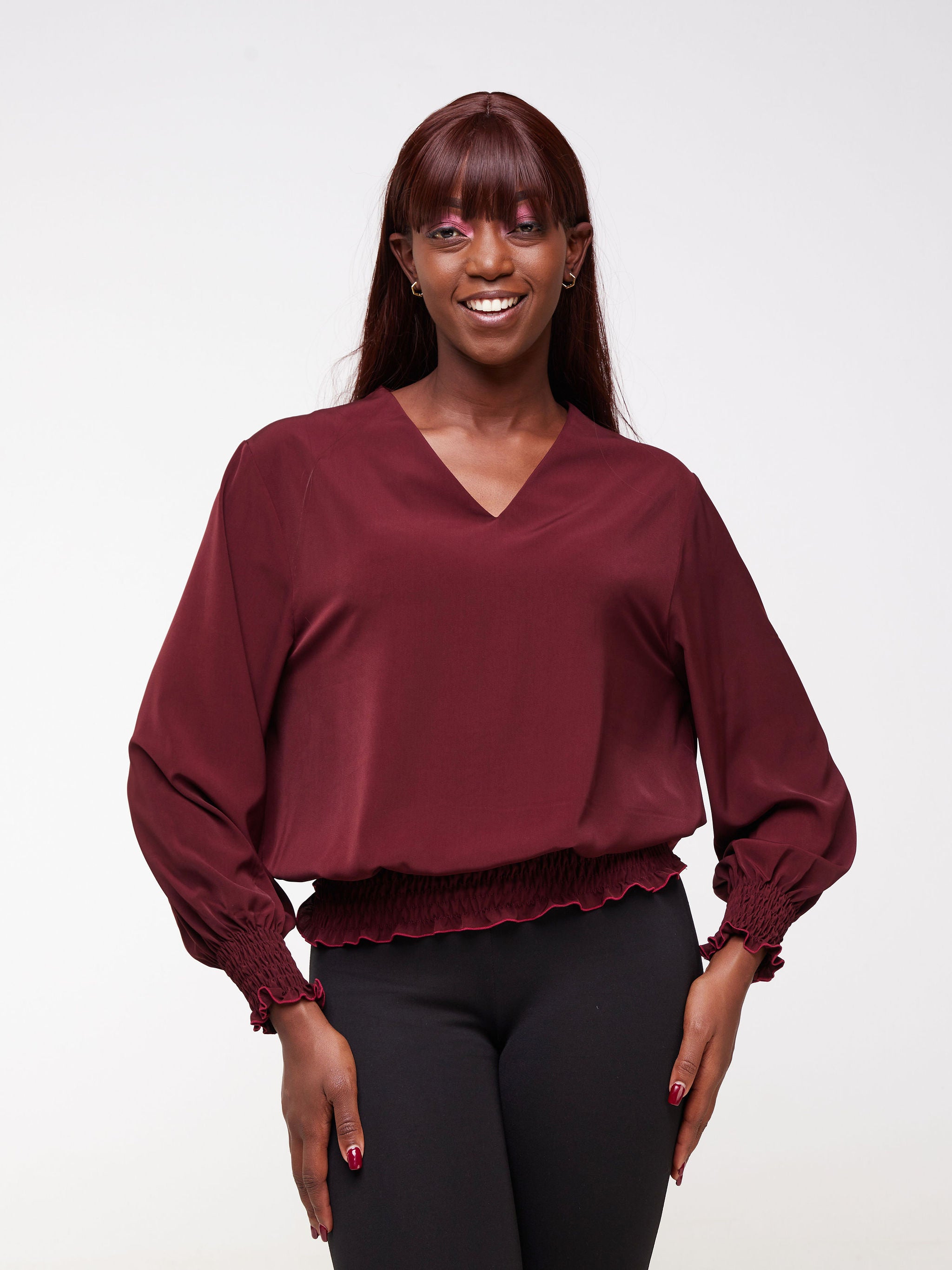 Vivo Fahari V-Neck Shirred Top - Burgundy