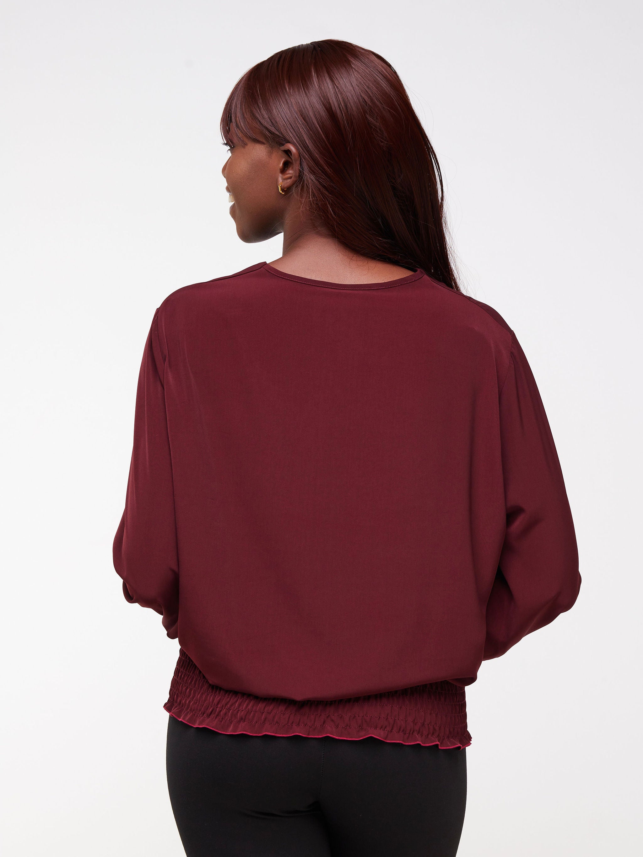 Vivo Fahari V-Neck Shirred Top - Burgundy