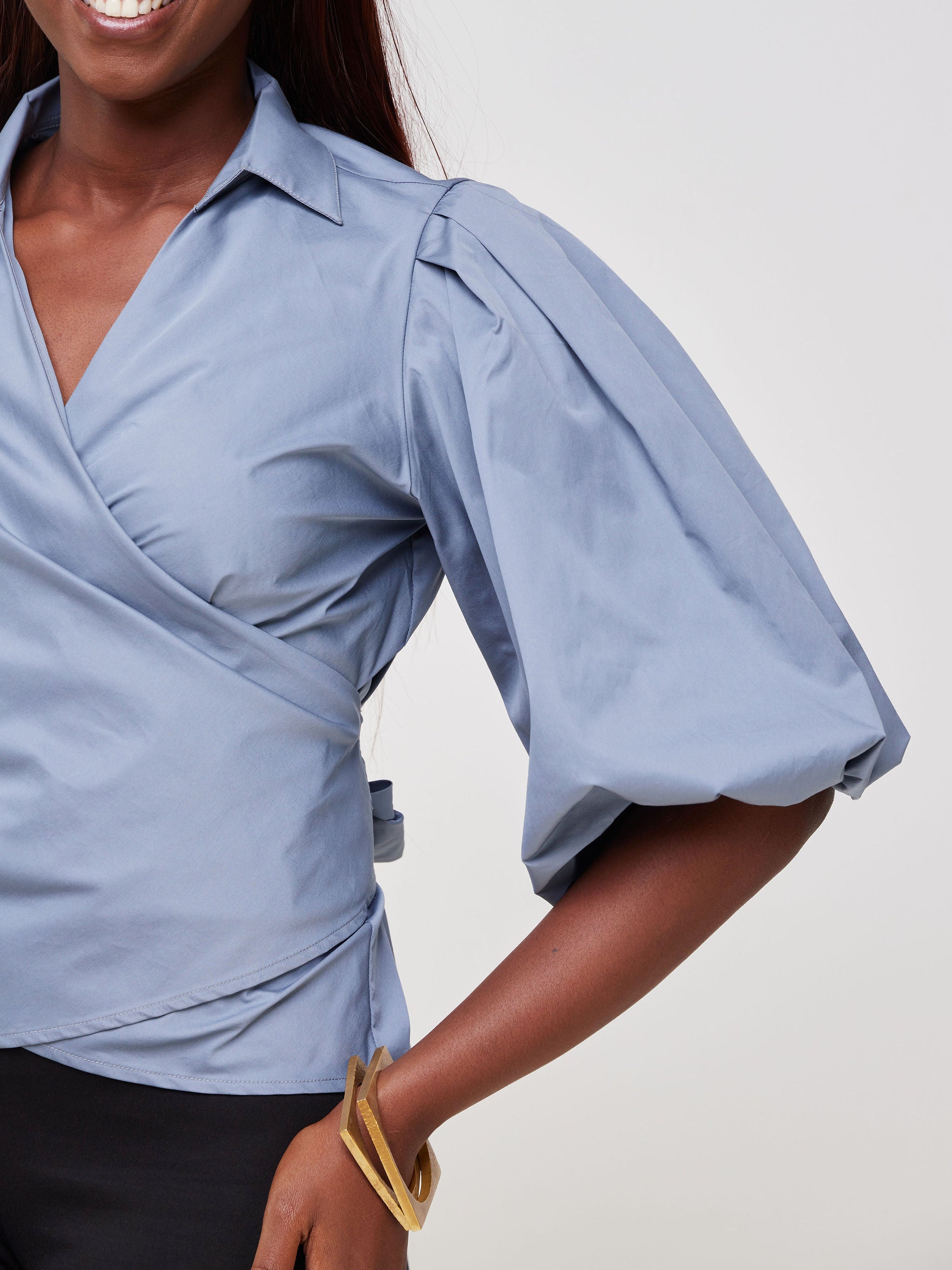 Safari Mali 3/4 Bishop Sleeve Tie Top - Light Grey