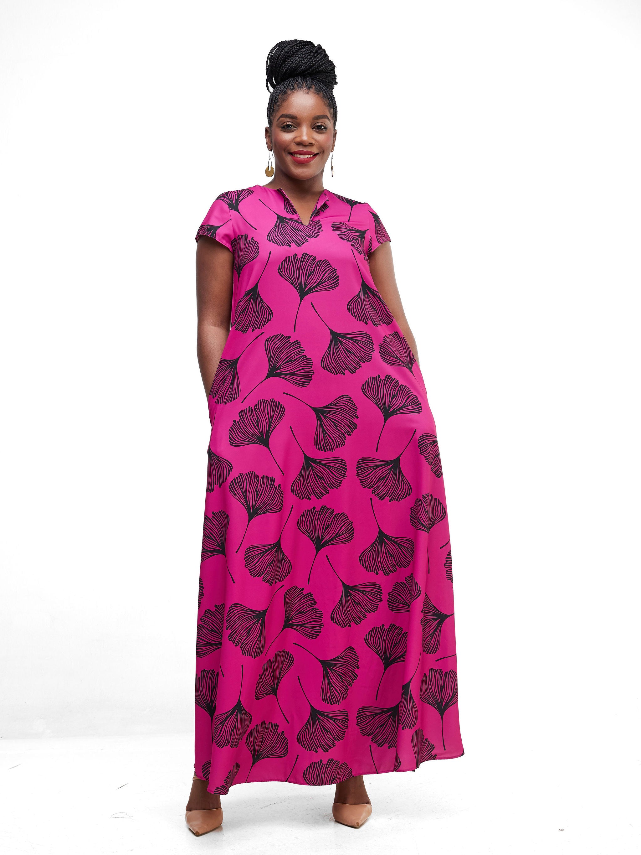 Vivo Zola V Neck Cap Sleeve Maxi - Pink / Black Floral Print