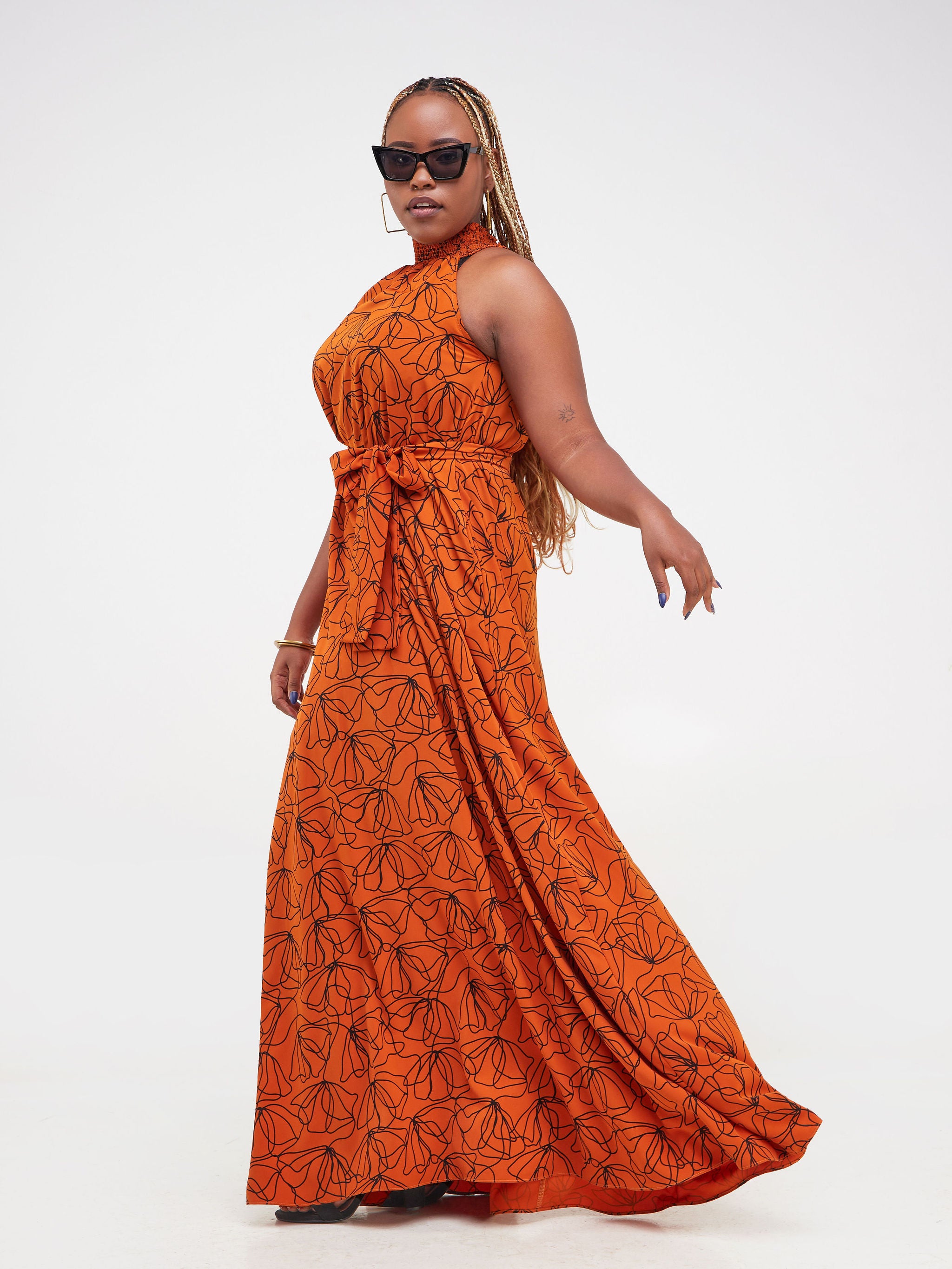 Vivo Alek Halter Neck Maxi Dress - Rust / Black Abstract Print