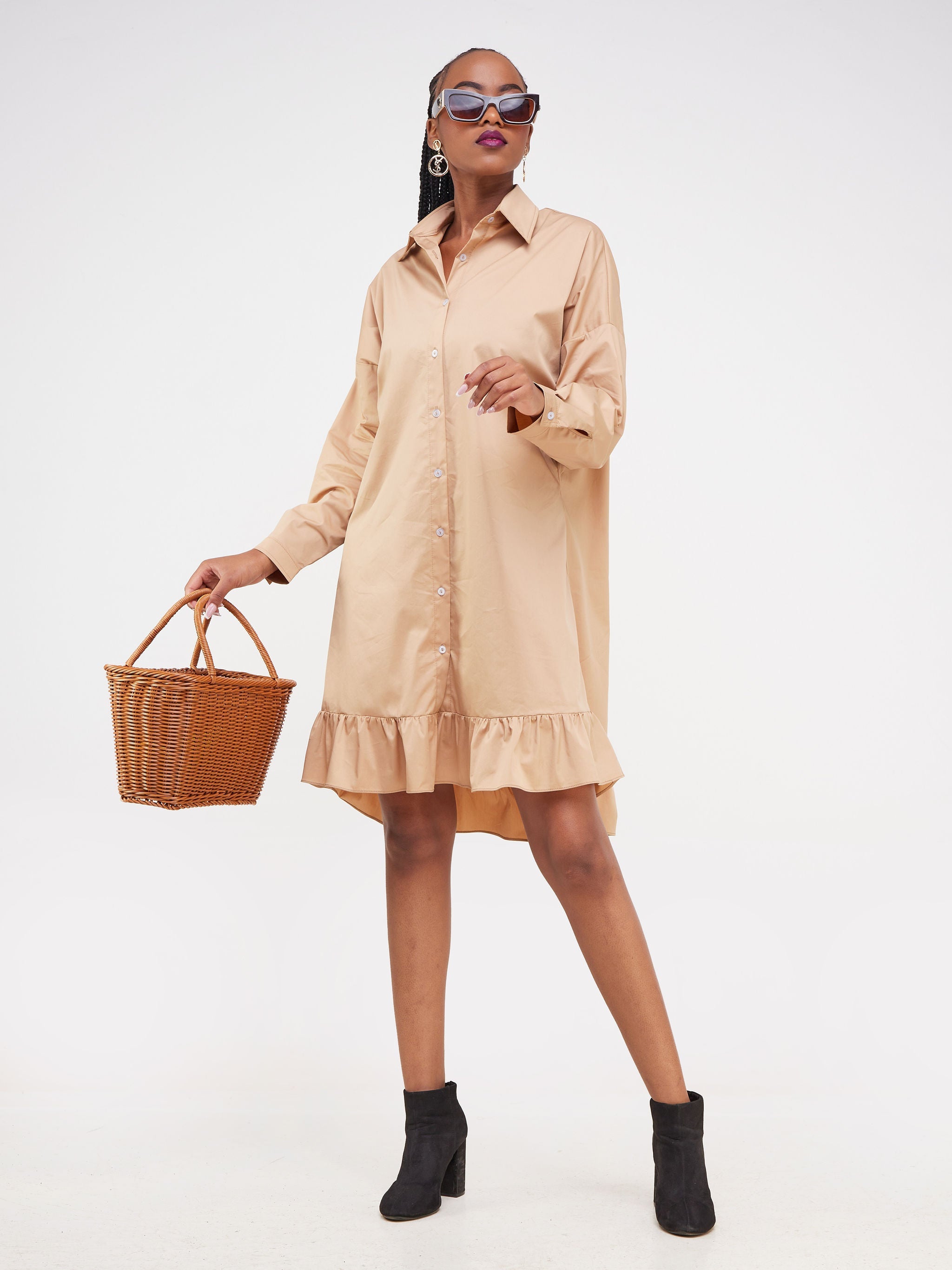 Safari Kaya Long Sleeve Dolman Flounce Shirt Dress - Taupe