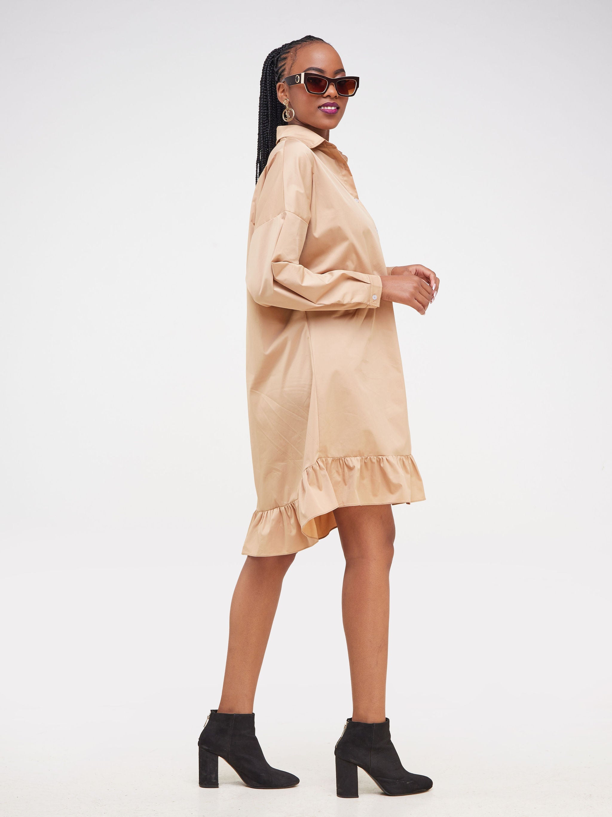 Safari Kaya Long Sleeve Dolman Flounce Shirt Dress - Taupe