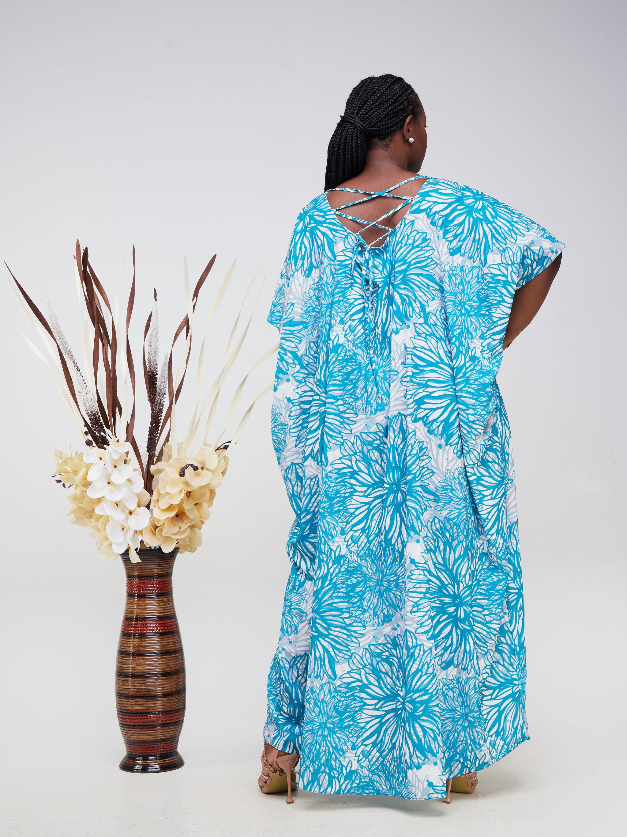 Vivo Asika Low Back Kaftan - Teal Dandelion Floral Print
