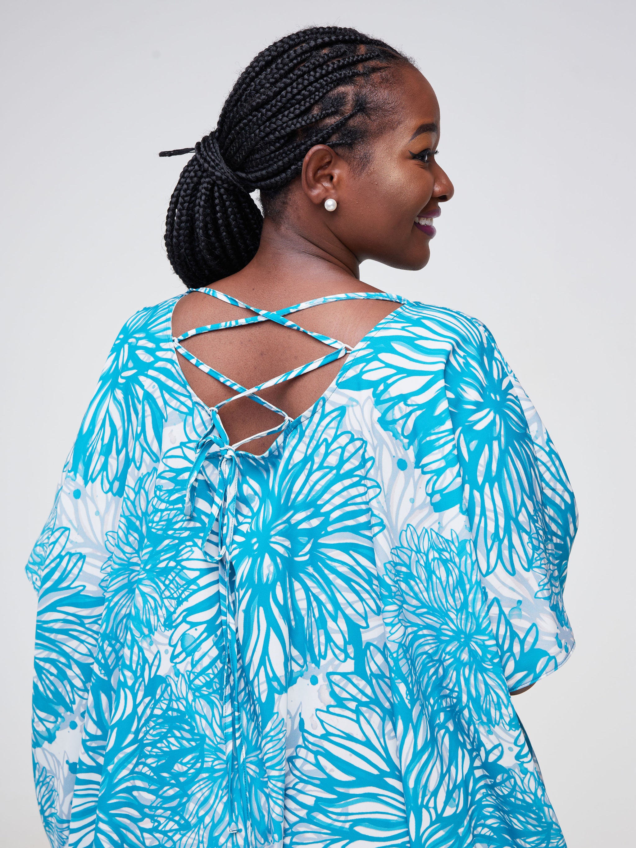 Vivo Asika Low Back Kaftan - Teal Dandelion Floral Print