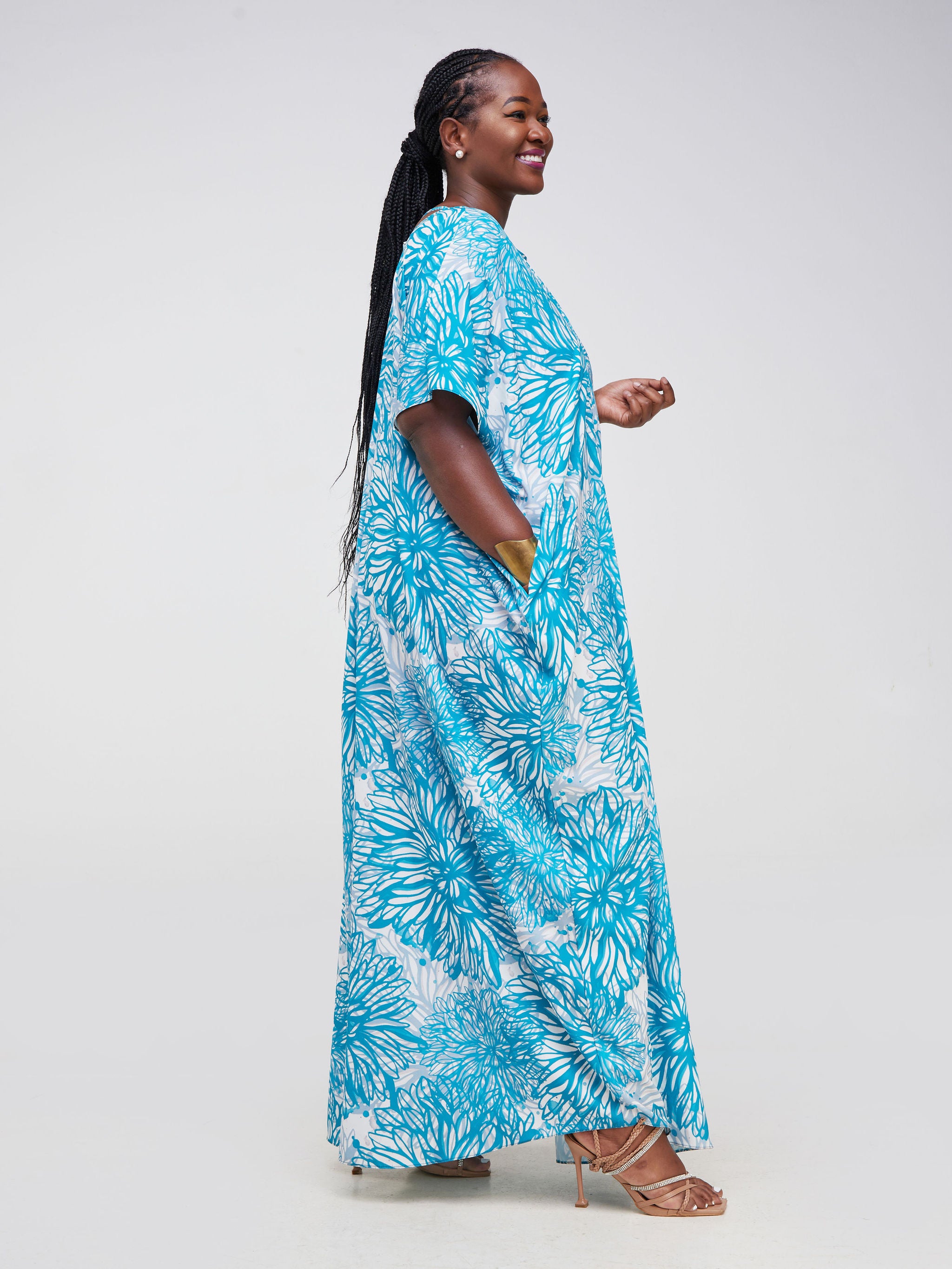 Vivo Asika Low Back Kaftan - Teal Dandelion Floral Print
