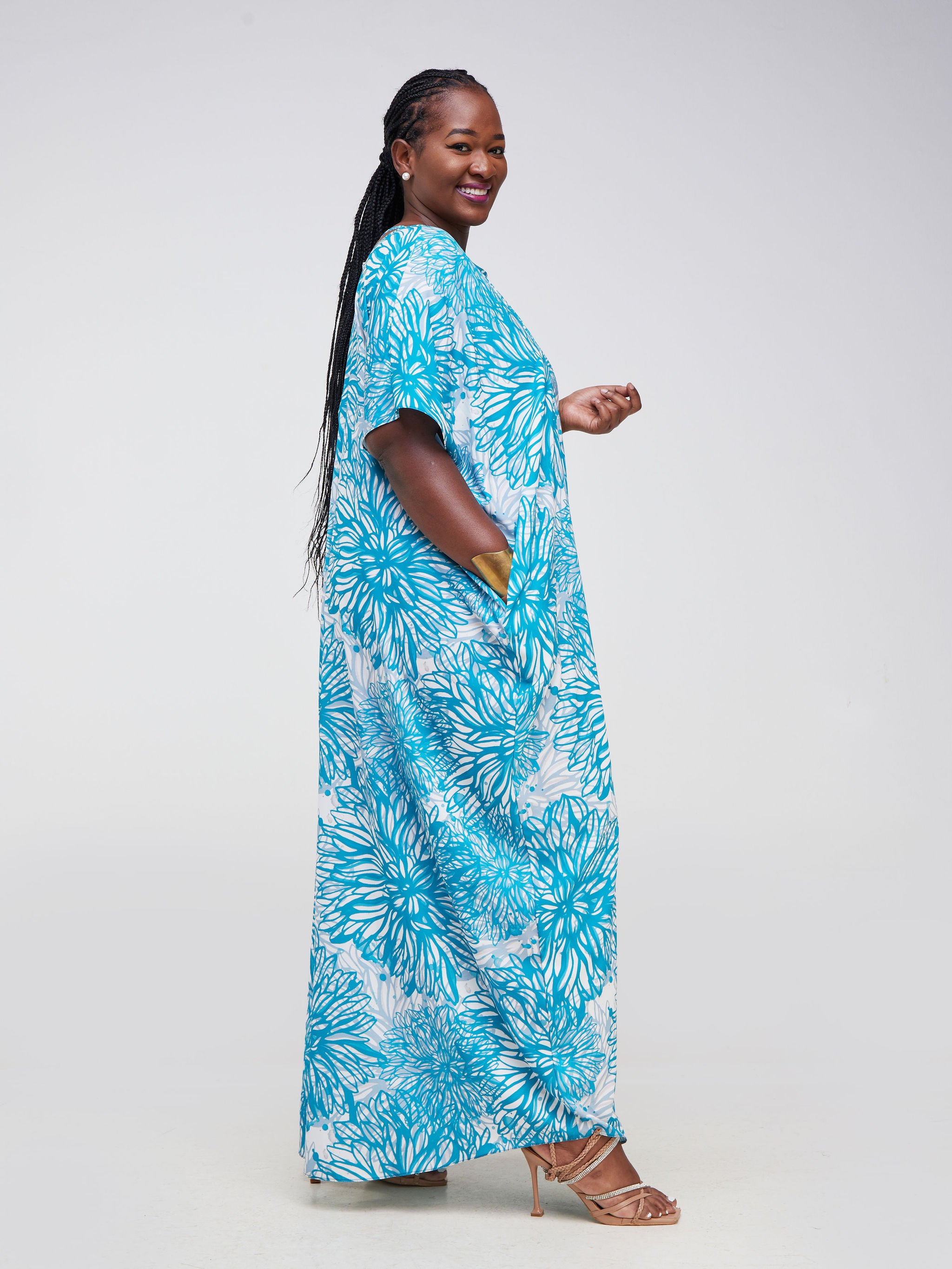 Vivo Asika Low Back Kaftan - Teal Dandelion Floral Print