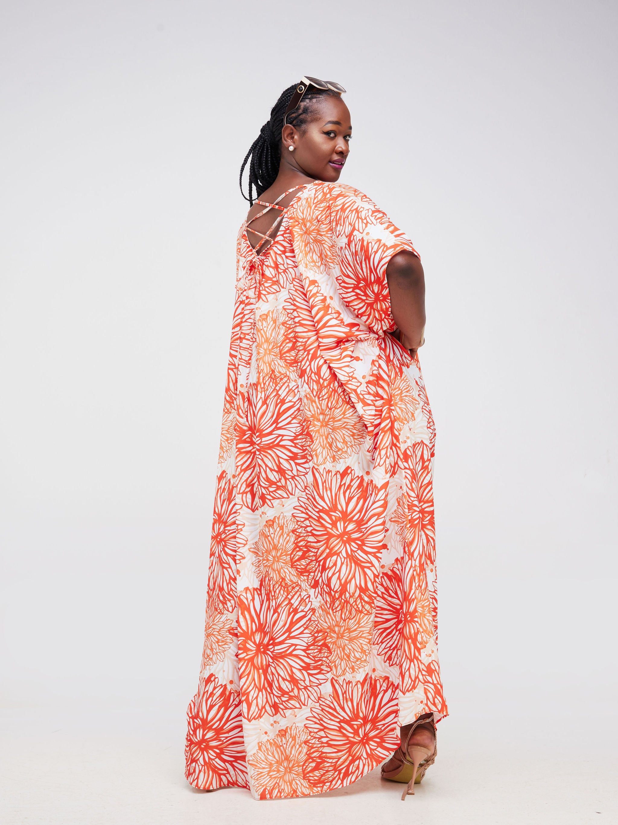 Vivo Asika Low Back Kaftan - Orange Dandelion Floral Print