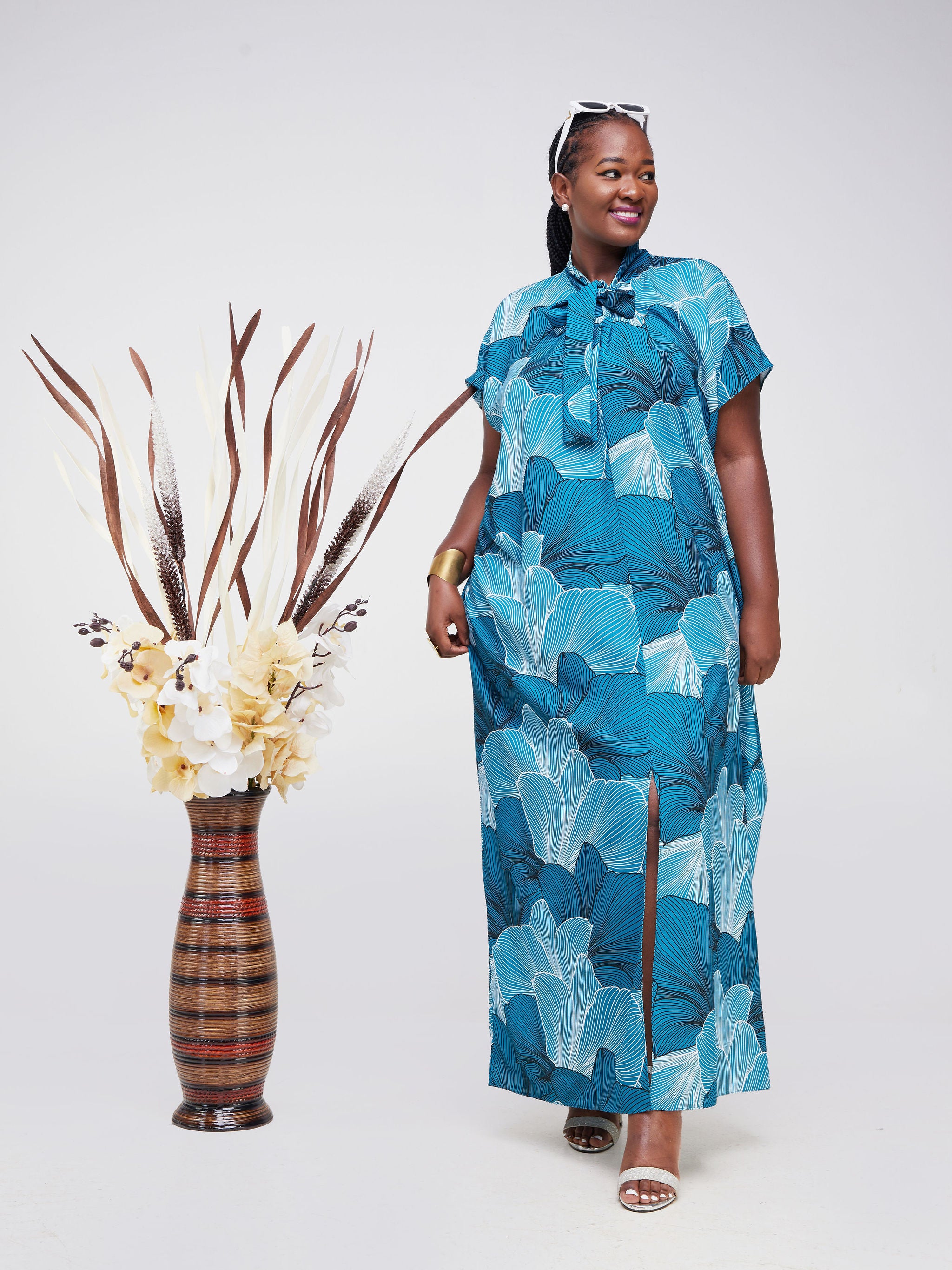 Vivo Asika Bow Kaftan - Teal / Black Floral Print