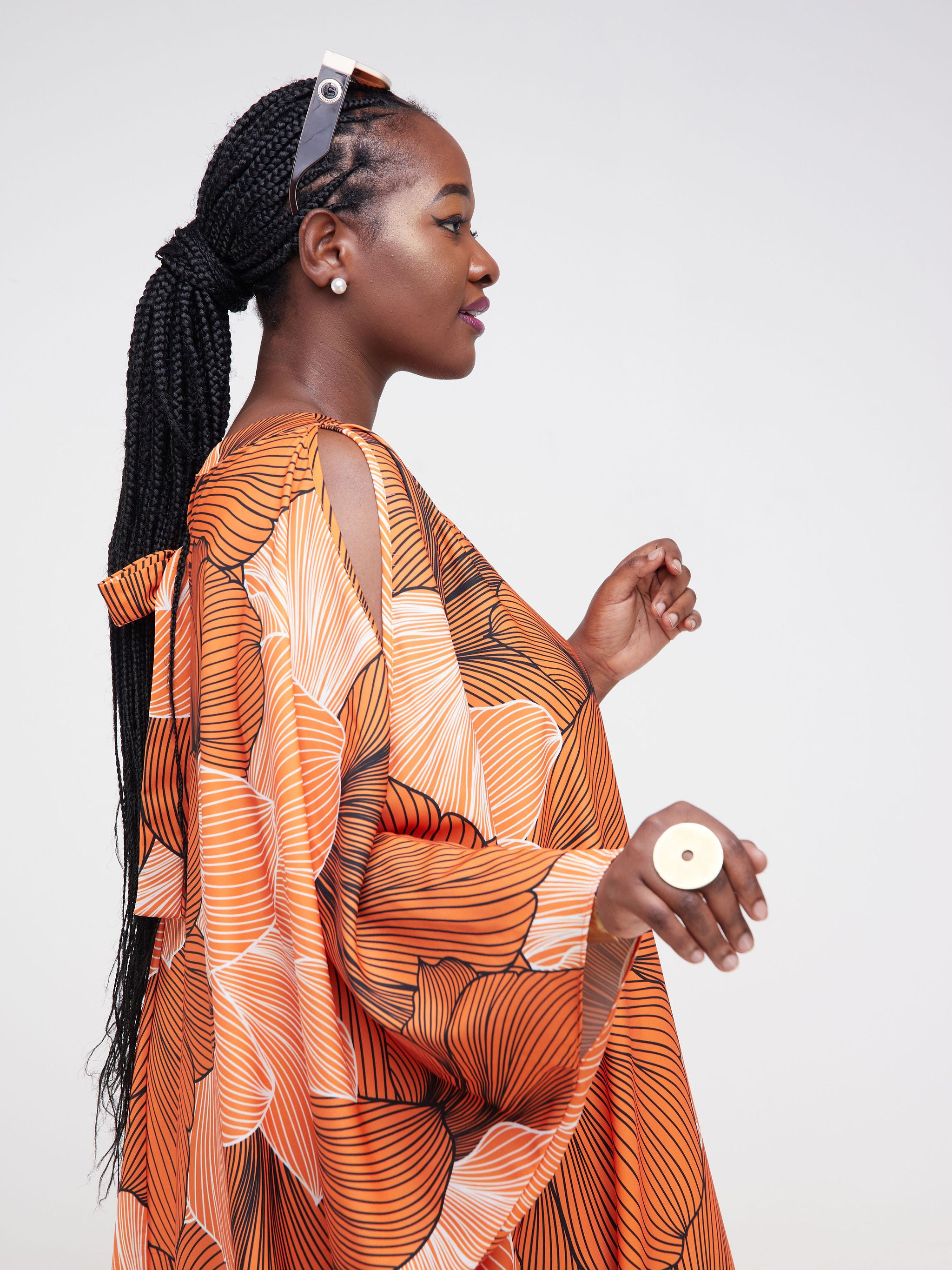 Vivo Asika Cold Shoulder Kaftan - Black / Orange Floral Print